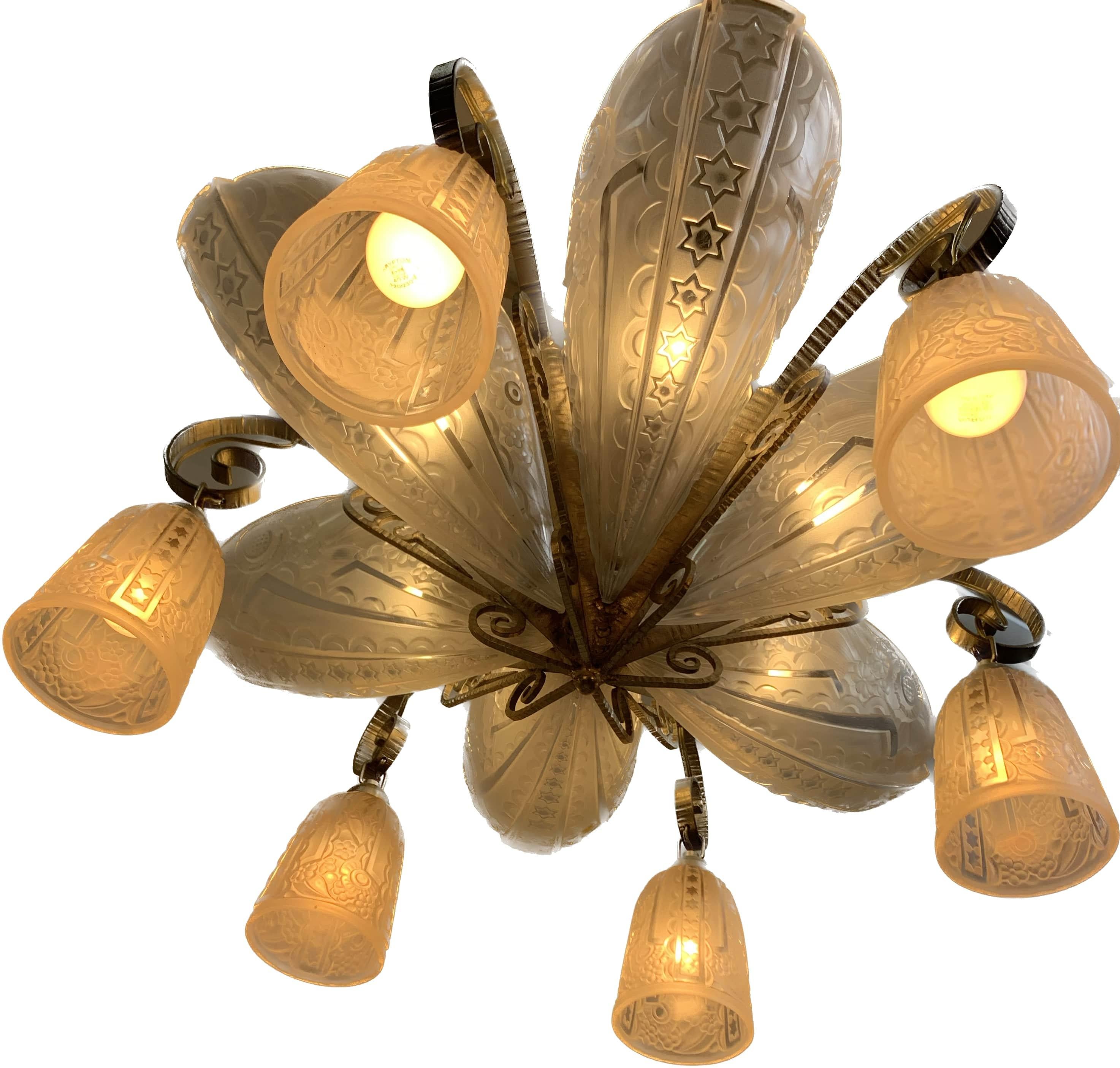 Glass French 1920s Chandelier with Stars For Sale