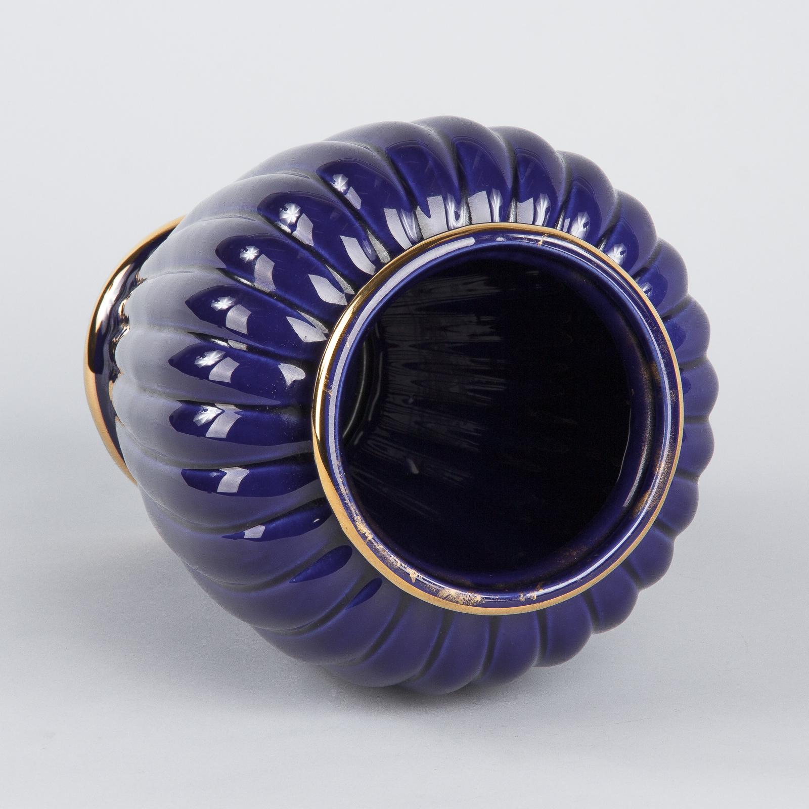 French 1920s Cobalt Blue Fluted Ceramic Vase 3