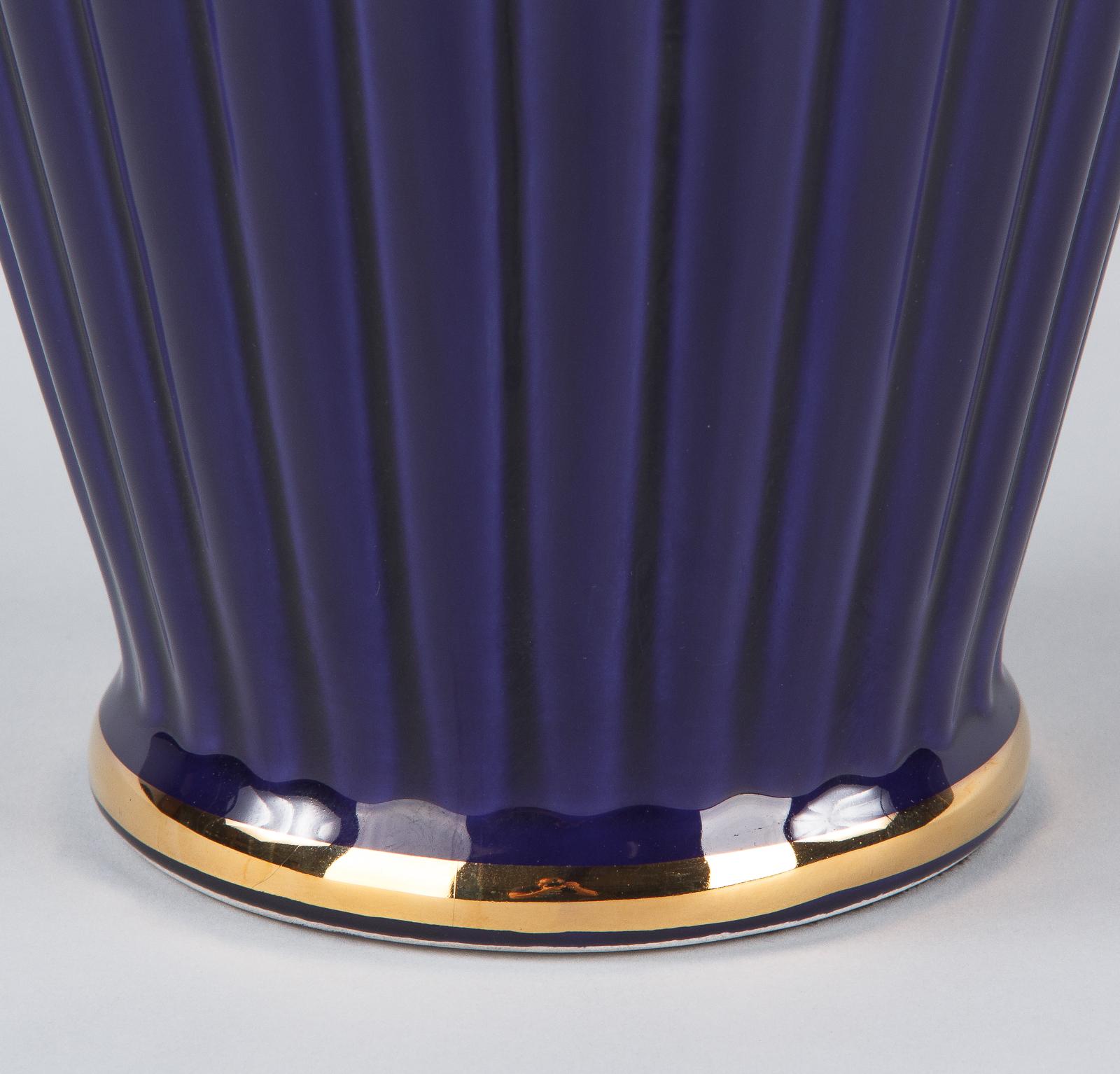 Art Deco French 1920s Cobalt Blue Fluted Ceramic Vase