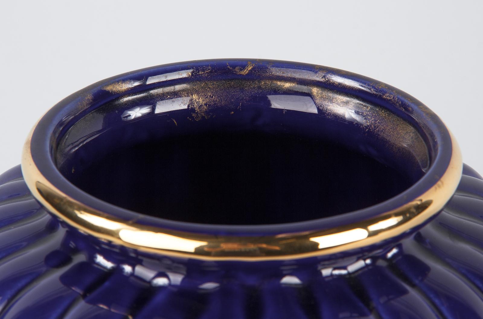 Glazed French 1920s Cobalt Blue Fluted Ceramic Vase