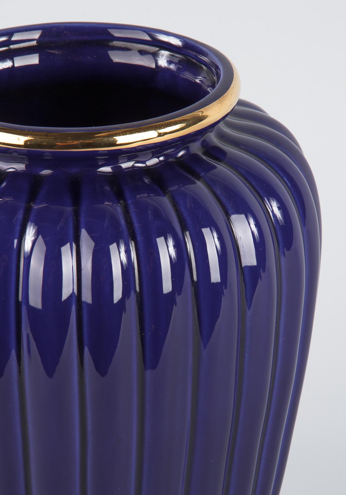 Early 20th Century French 1920s Cobalt Blue Fluted Ceramic Vase