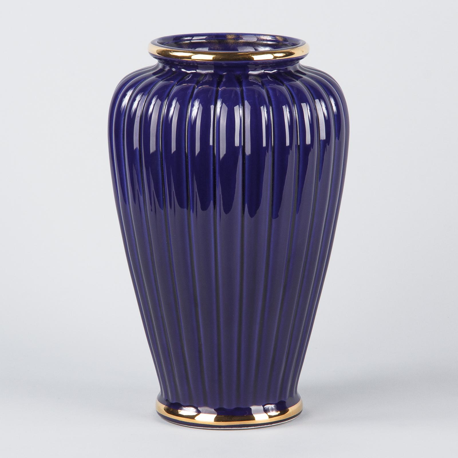 French 1920s Cobalt Blue Fluted Ceramic Vase 1