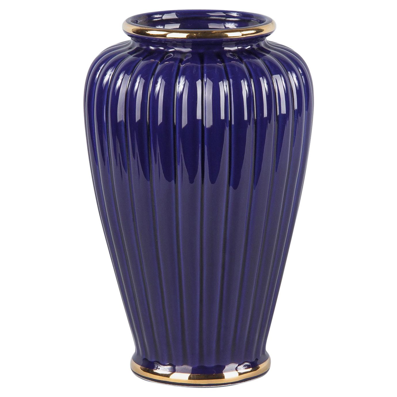 French 1920s Cobalt Blue Fluted Ceramic Vase