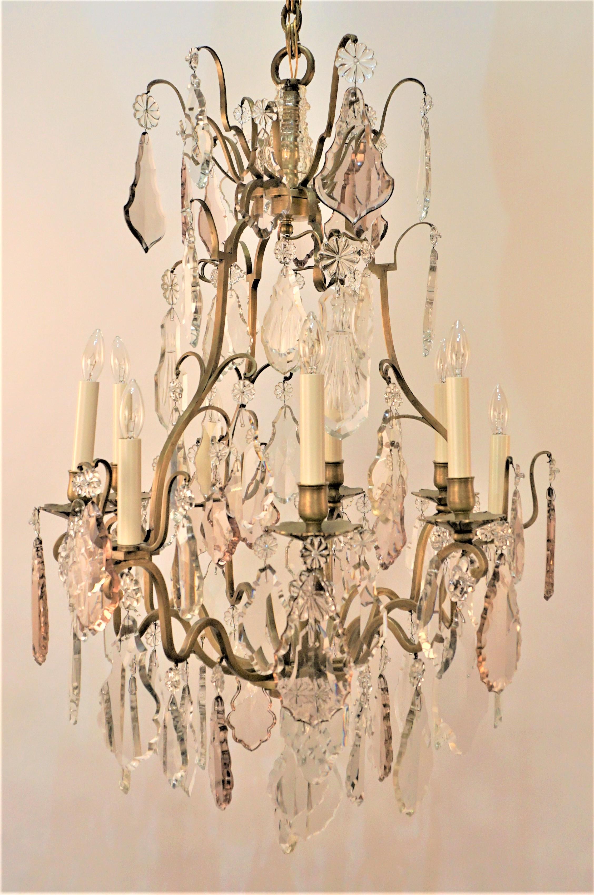 French, 1920's, Crystal and Bronze Chandelier For Sale 7