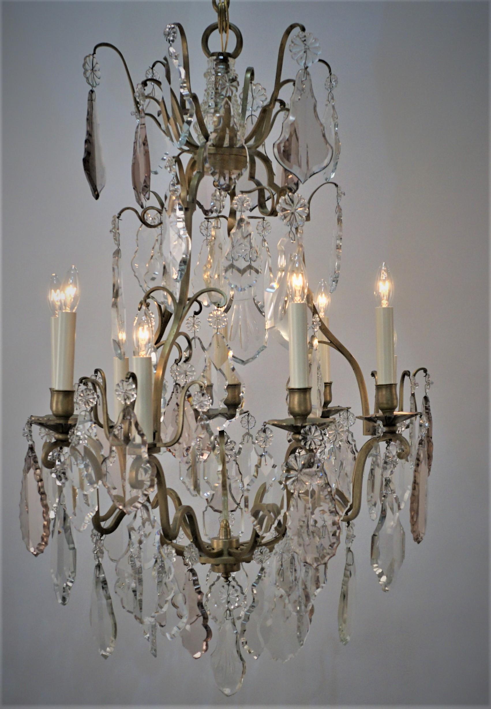 French, 1920's, Crystal and Bronze Chandelier In Good Condition For Sale In Fairfax, VA