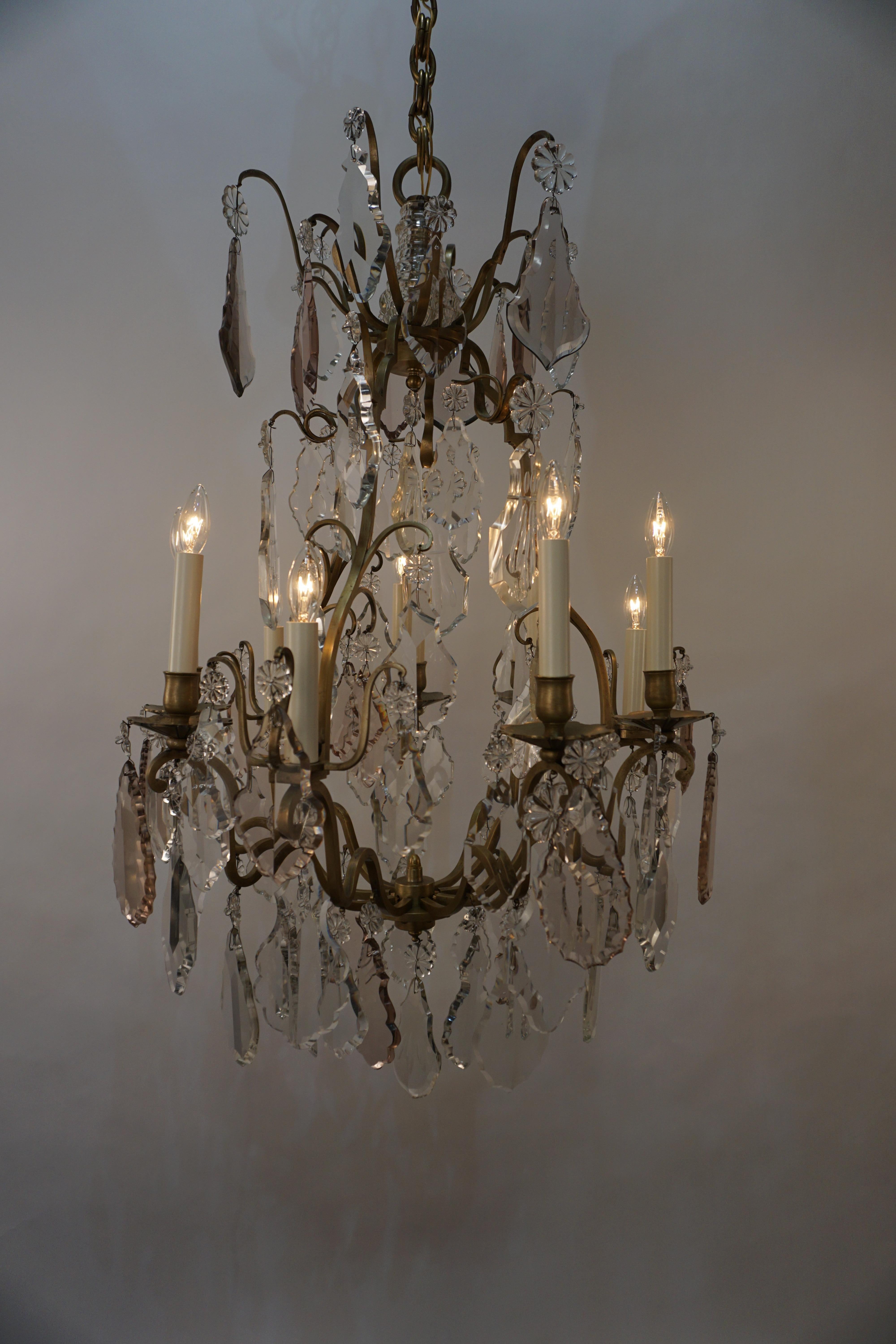 Early 20th Century French, 1920's, Crystal and Bronze Chandelier For Sale