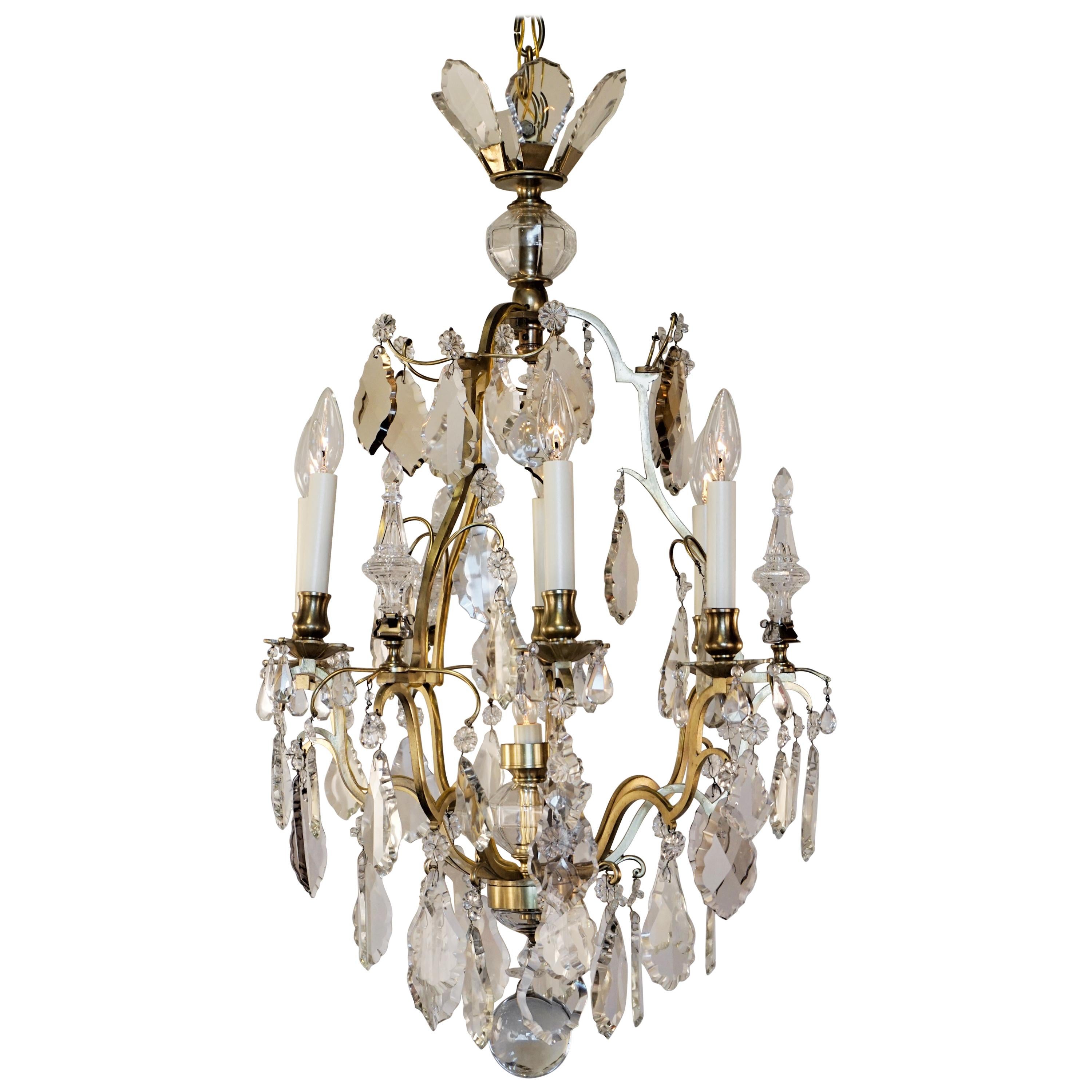 French 1920s Crystal and Bronze Chandelier