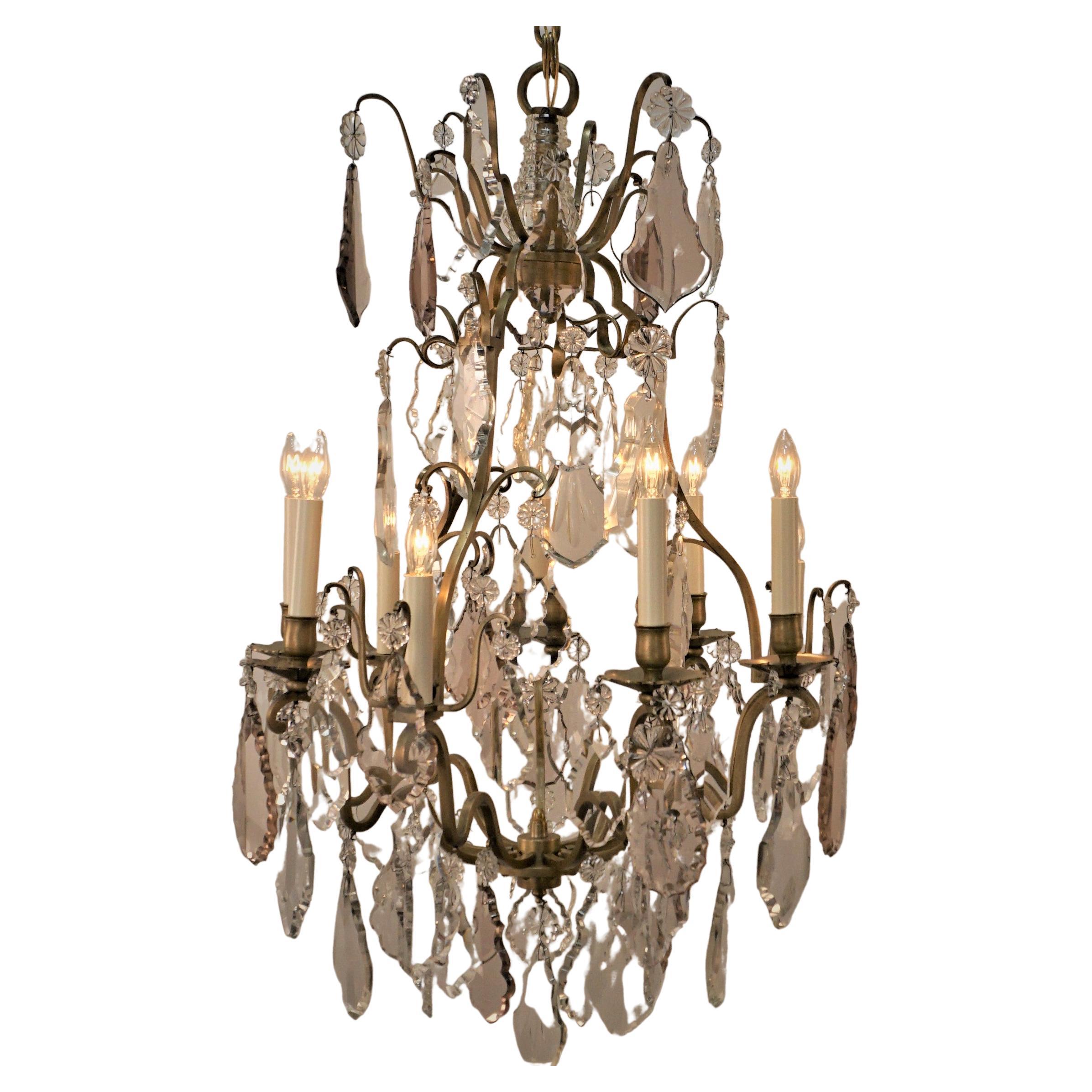 French, 1920's, Crystal and Bronze Chandelier