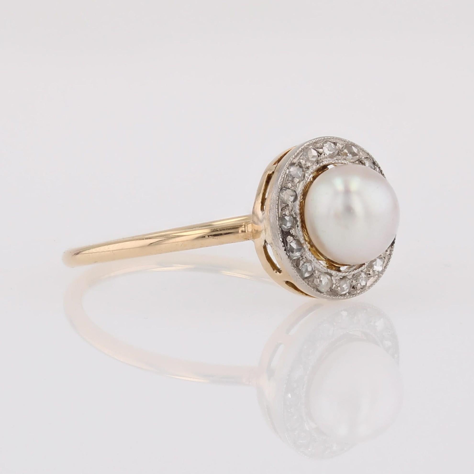 French 1920s Cultured Pearl Diamonds Yellow gold Round Ring For Sale 5
