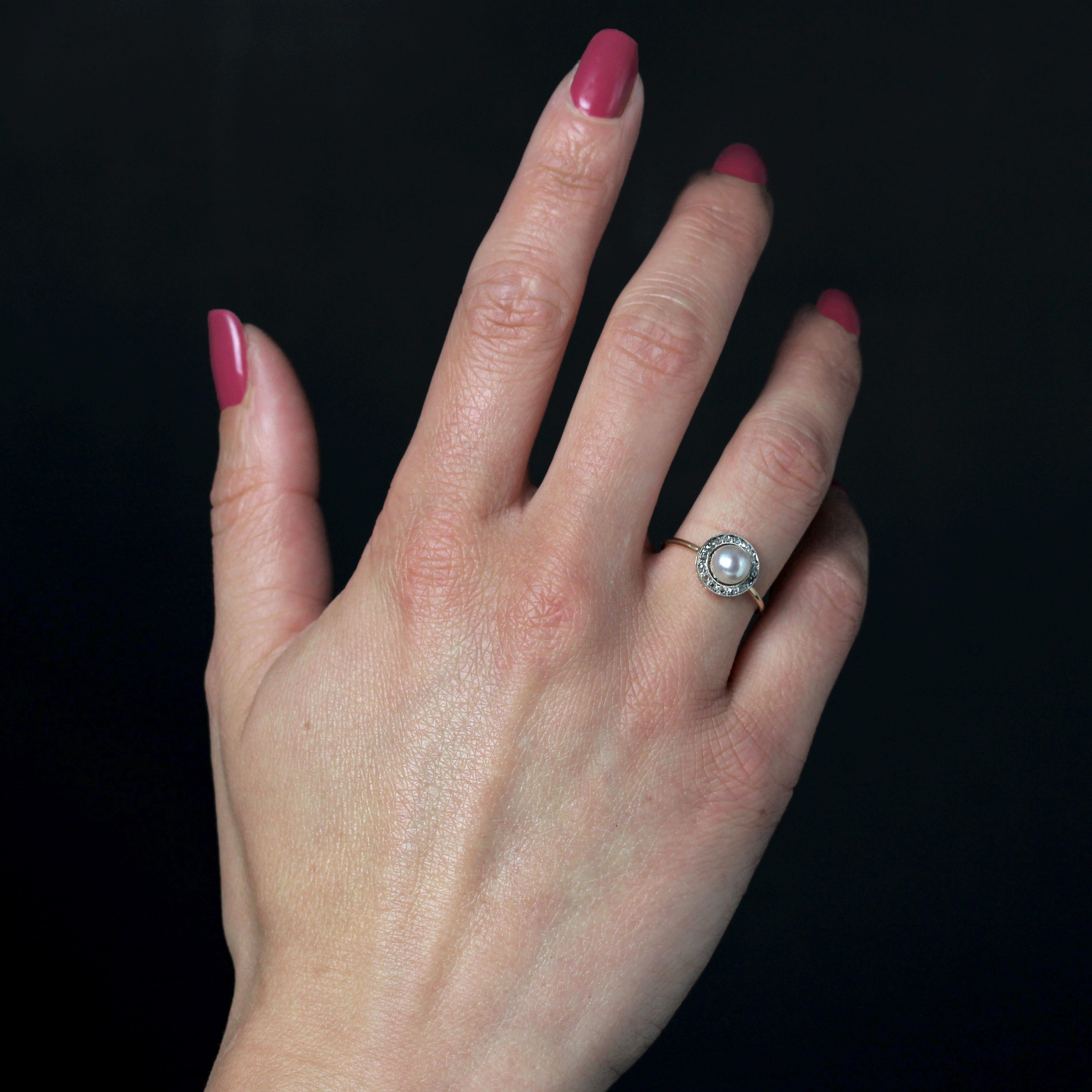 Rose Cut French 1920s Cultured Pearl Diamonds Yellow gold Round Ring For Sale