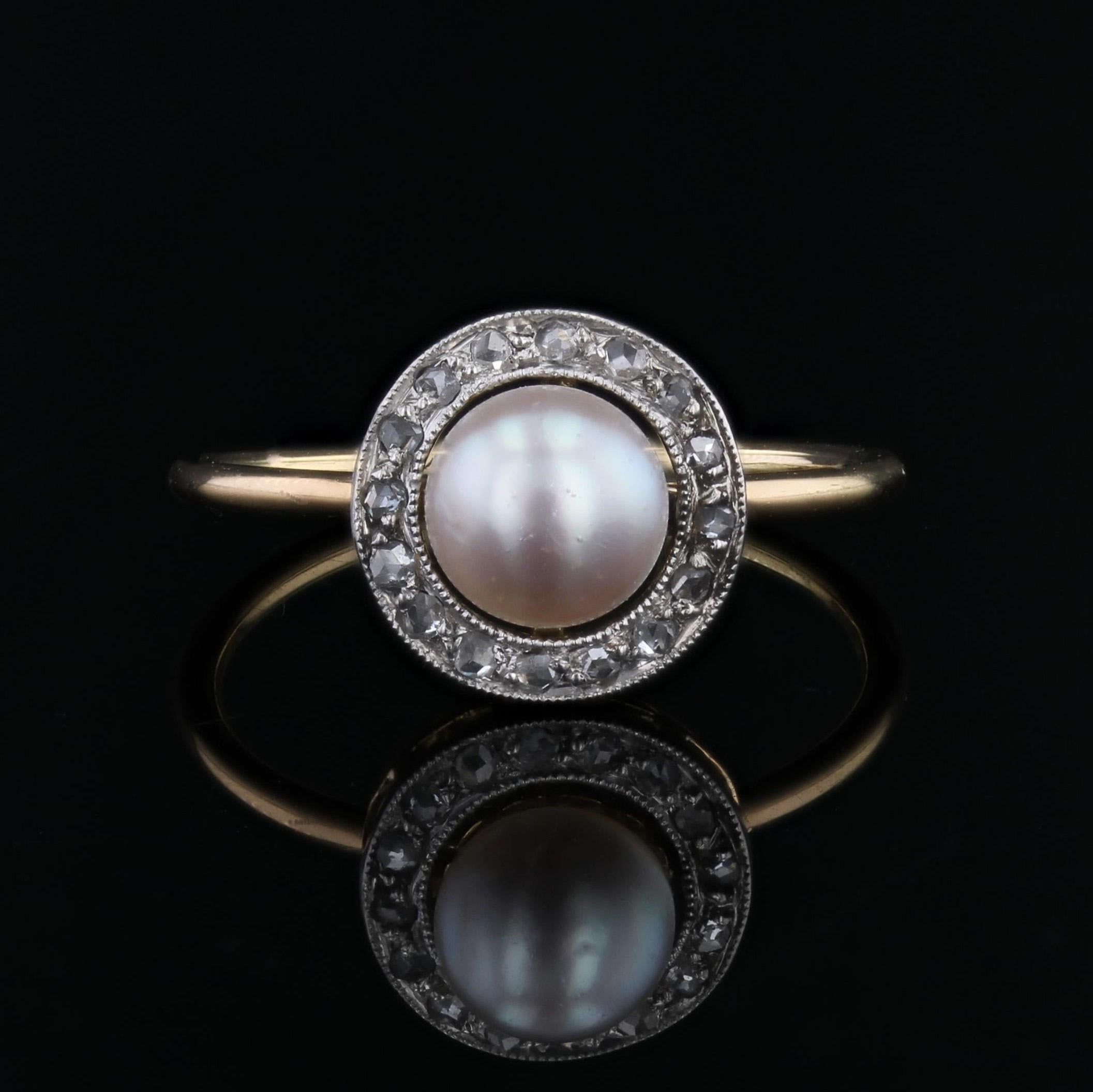 French 1920s Cultured Pearl Diamonds Yellow gold Round Ring In Good Condition For Sale In Poitiers, FR