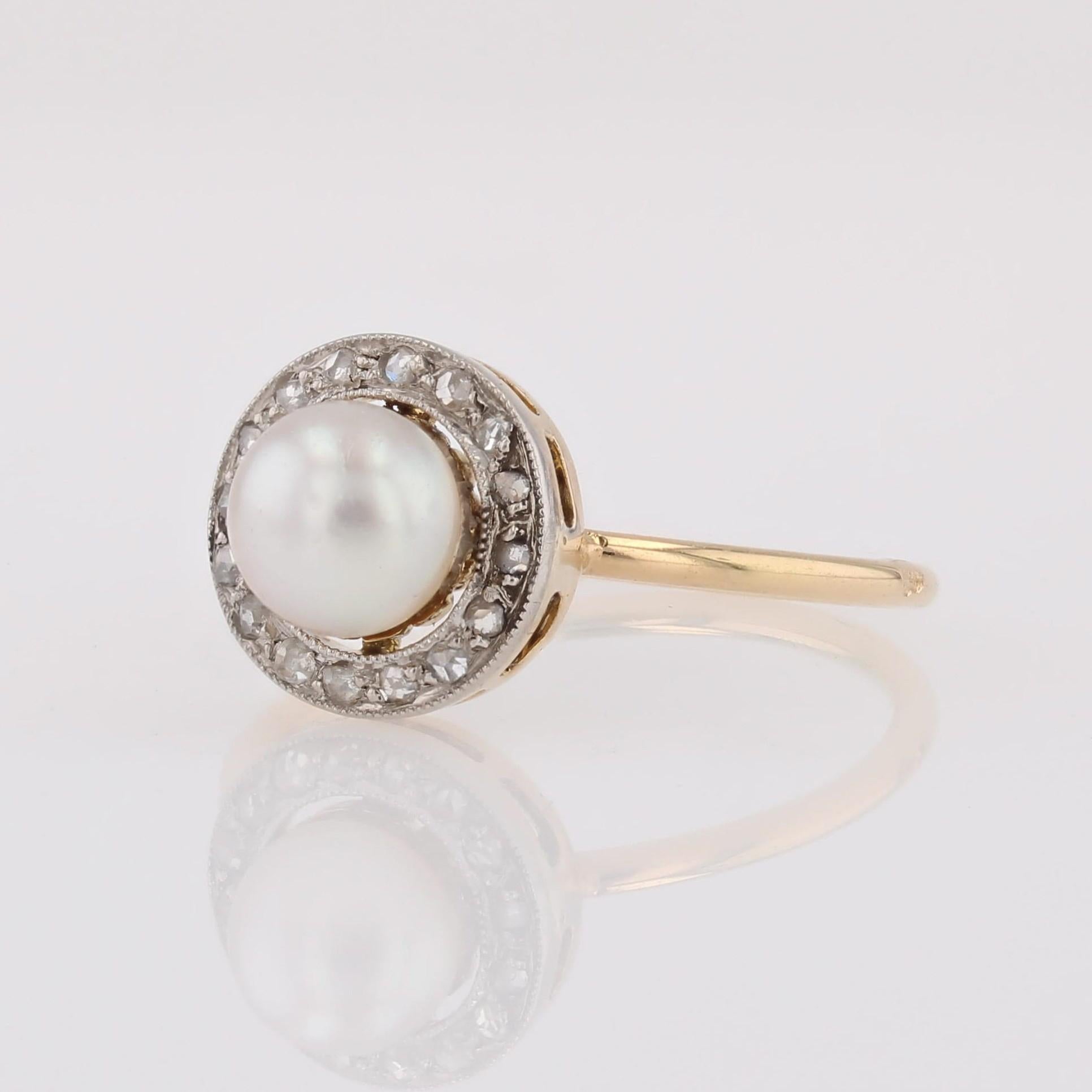 French 1920s Cultured Pearl Diamonds Yellow gold Round Ring For Sale 2