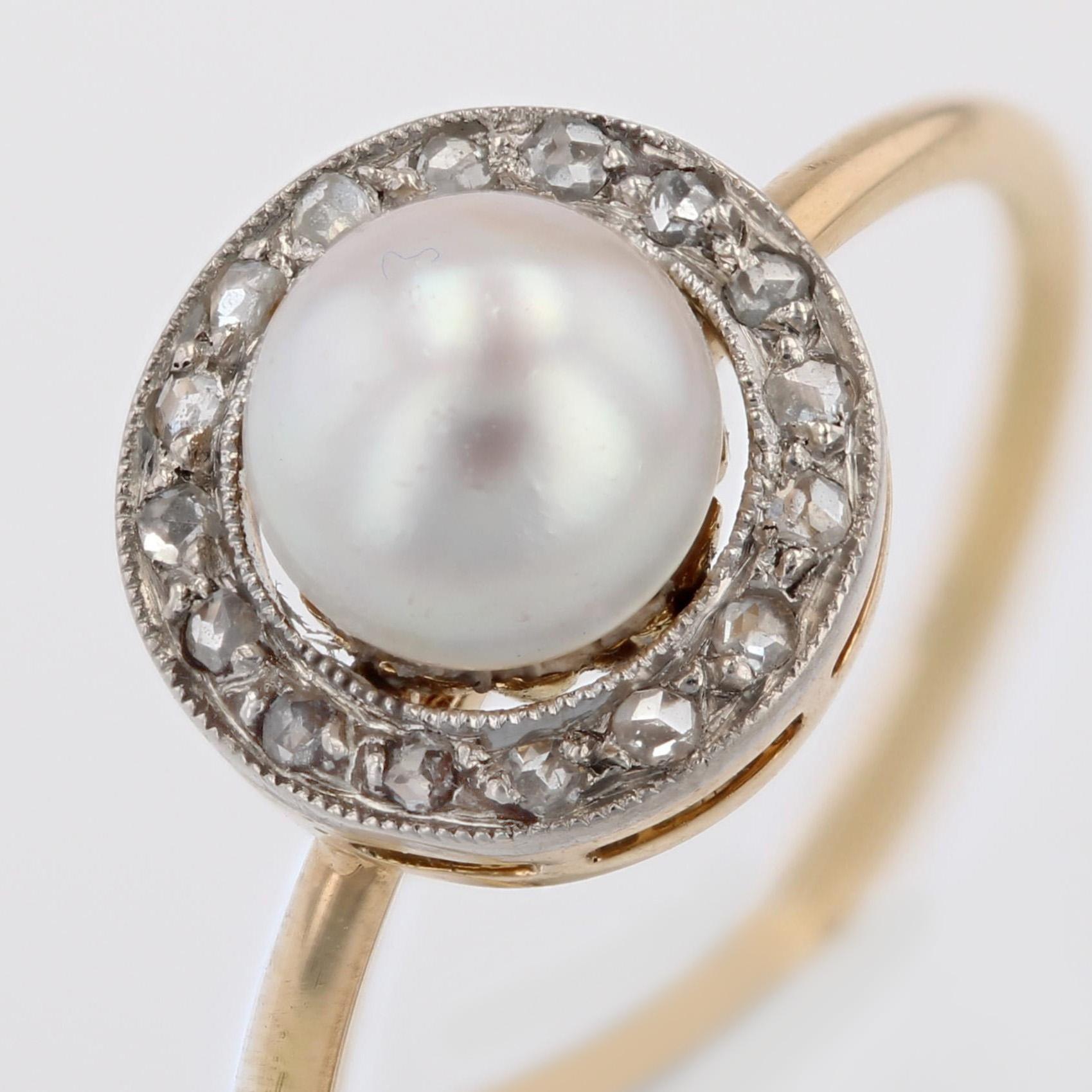French 1920s Cultured Pearl Diamonds Yellow gold Round Ring For Sale 3