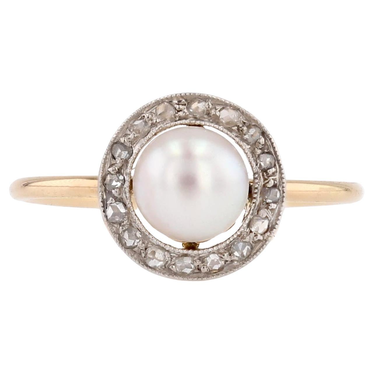 French 1920s Cultured Pearl Diamonds Yellow gold Round Ring