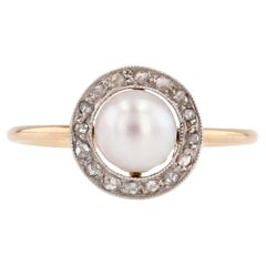 French 1920s Cultured Pearl Diamonds Yellow gold Round Ring