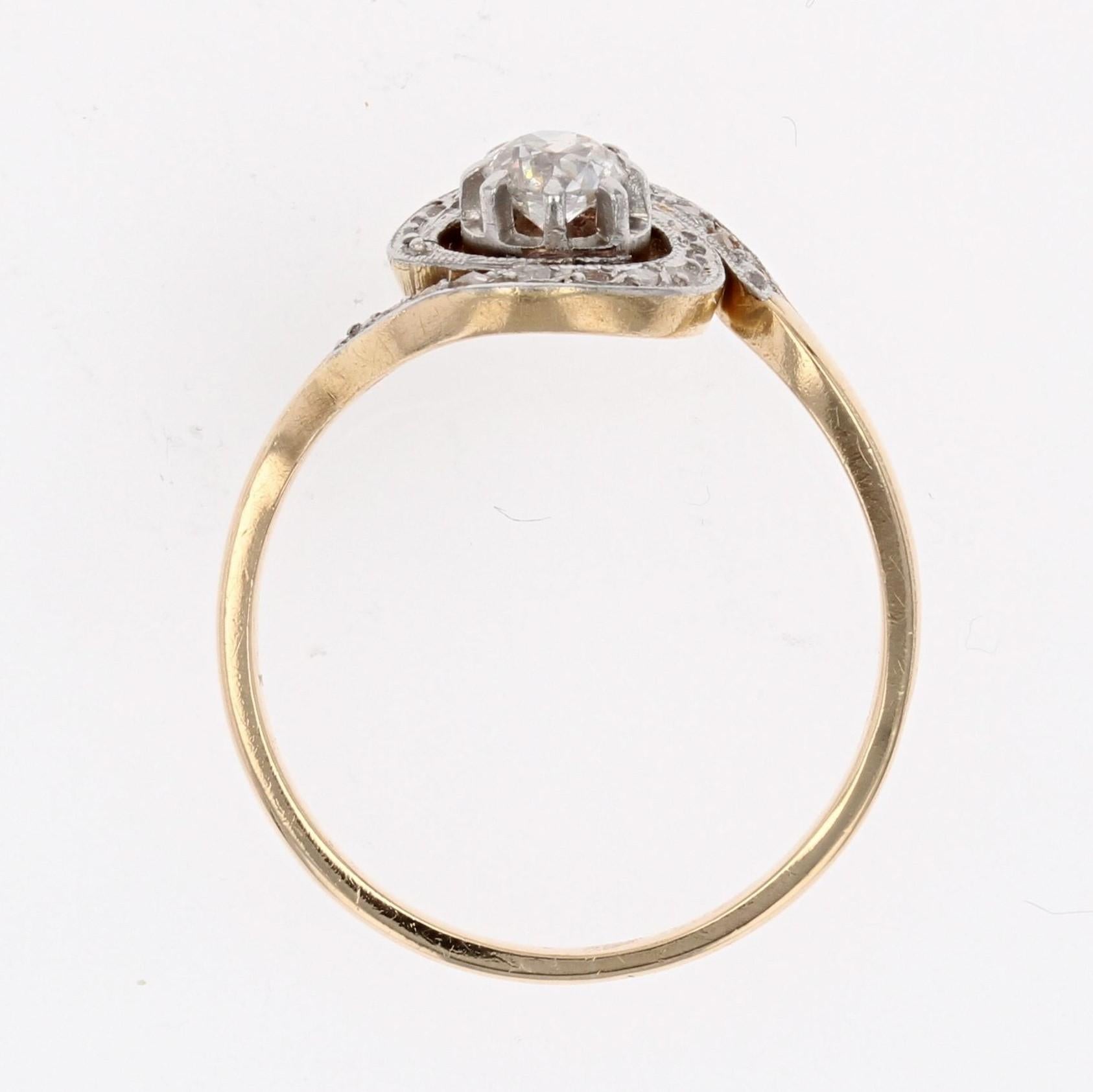 French 1920s Diamond 18 Karat Yellow Gold Platinum Swirl Ring For Sale 3