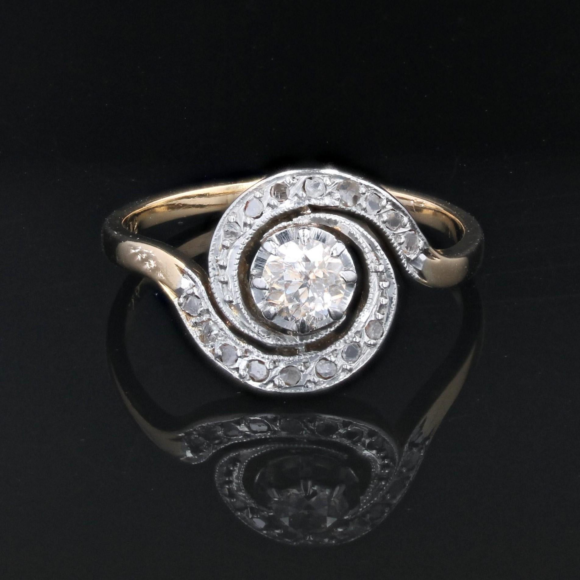 18 Karat Gelbgold Platin Wirbel-Ring mit Diamanten, 1920er Jahre (Belle Époque) im Angebot