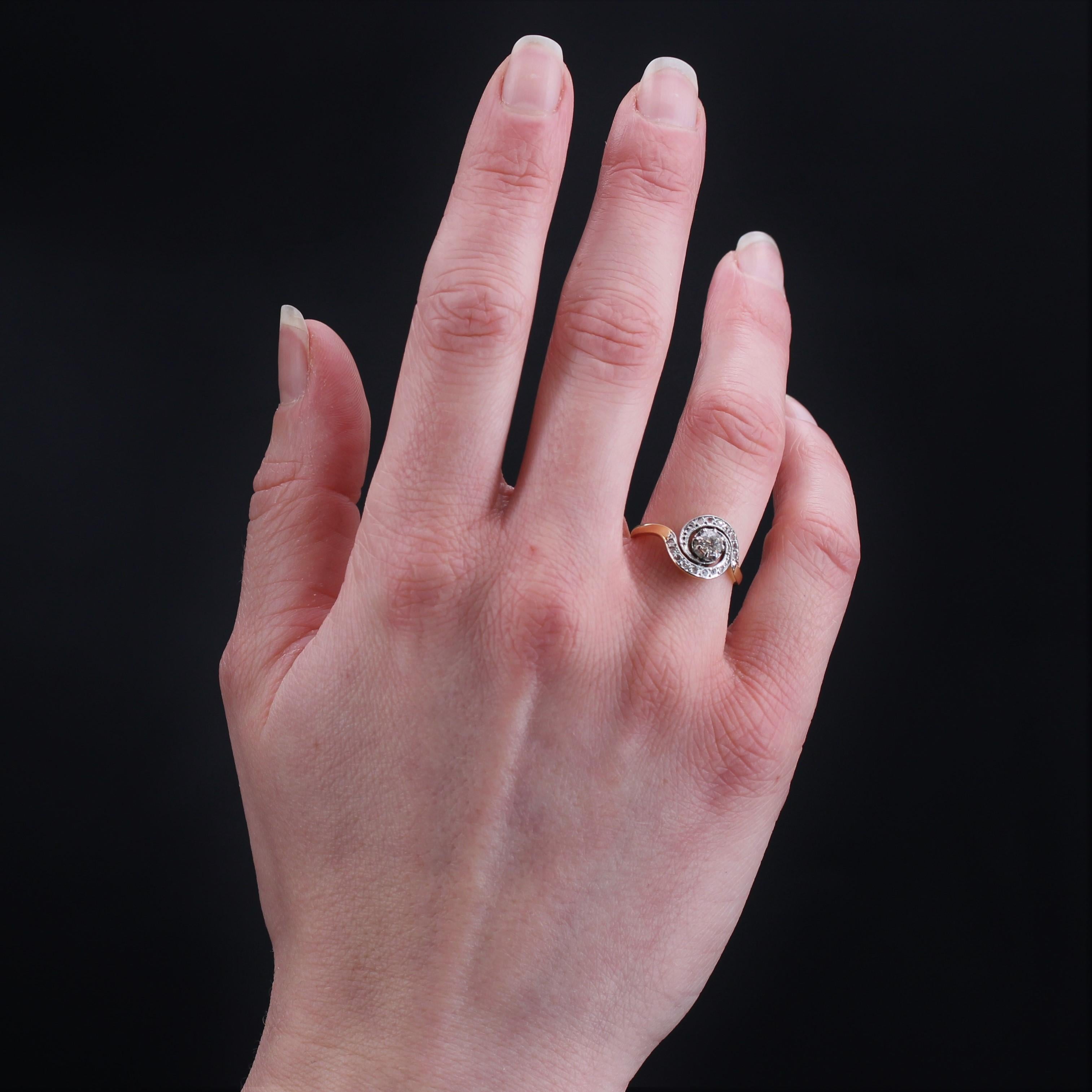 18 Karat Gelbgold Platin Wirbel-Ring mit Diamanten, 1920er Jahre im Zustand „Gut“ im Angebot in Poitiers, FR