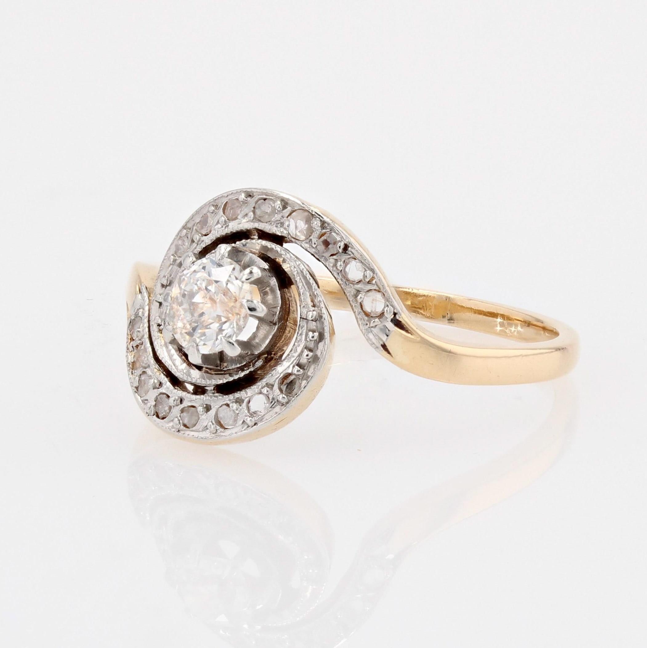 18 Karat Gelbgold Platin Wirbel-Ring mit Diamanten, 1920er Jahre im Angebot 1
