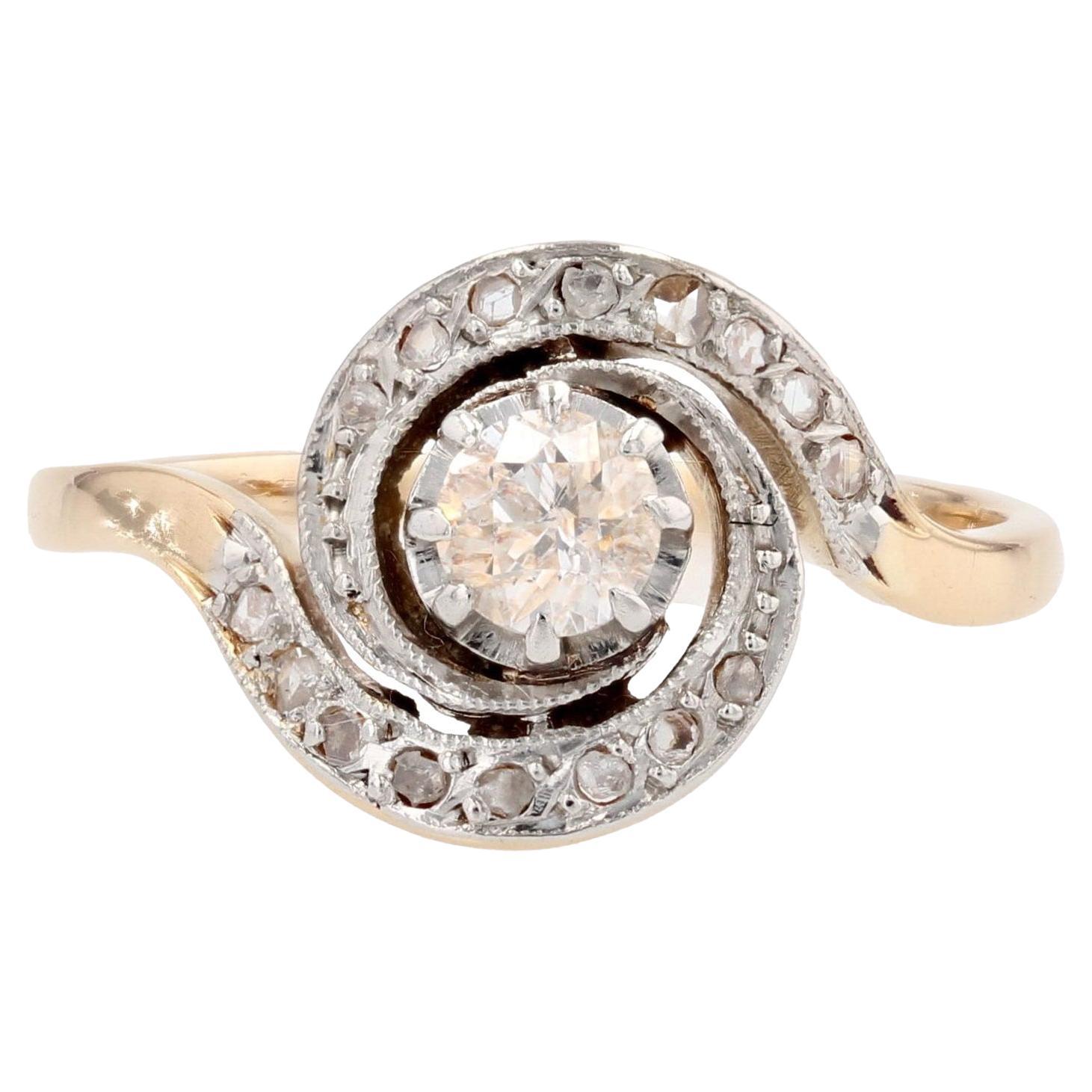 French 1920s Diamond 18 Karat Yellow Gold Platinum Swirl Ring For Sale