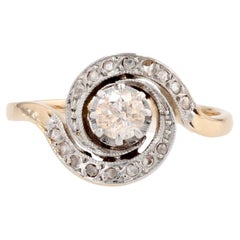 French 1920s Diamond 18 Karat Yellow Gold Platinum Swirl Ring