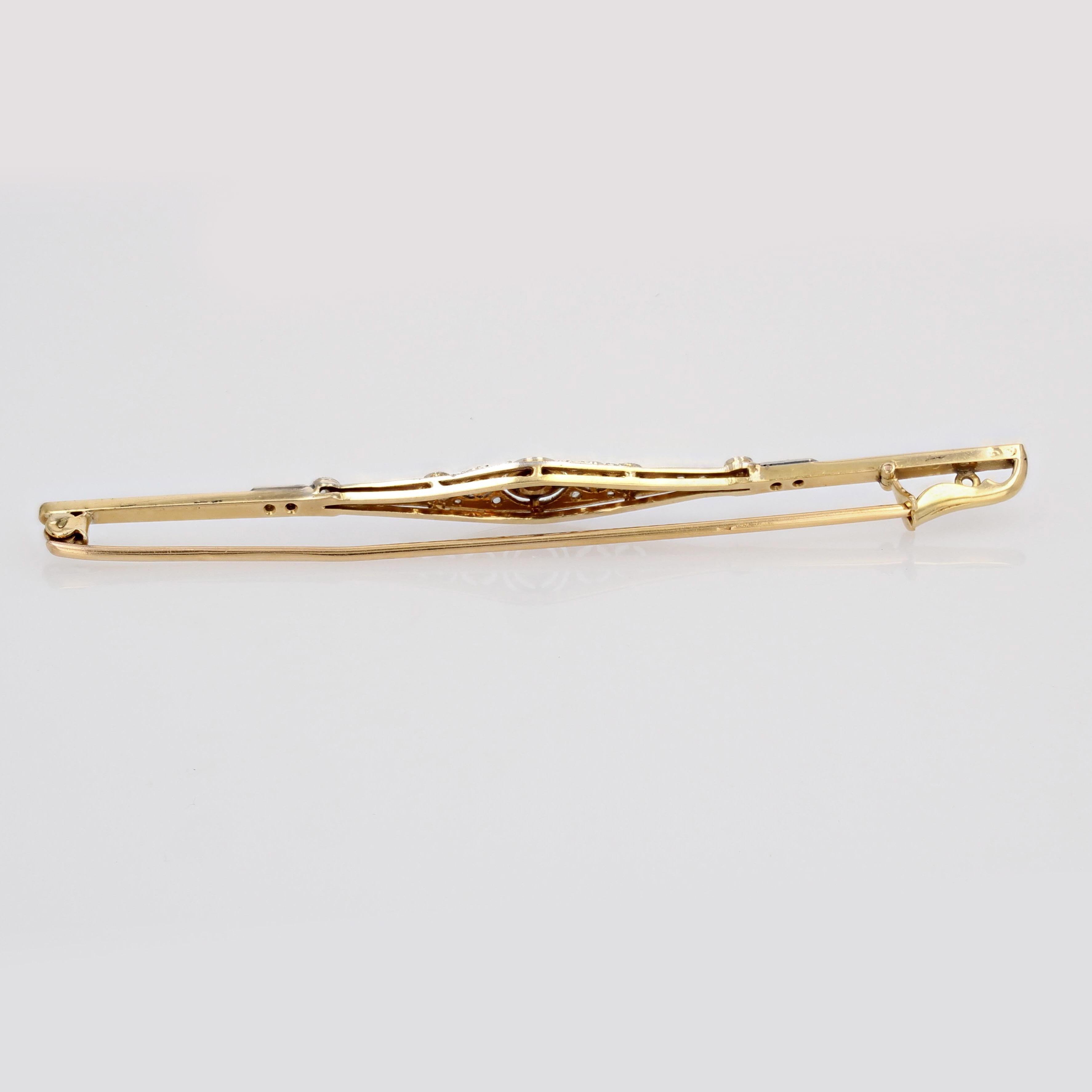French 1920s Diamonds 18 Karat Yellow Gold Platinum Bar Brooch For Sale 5