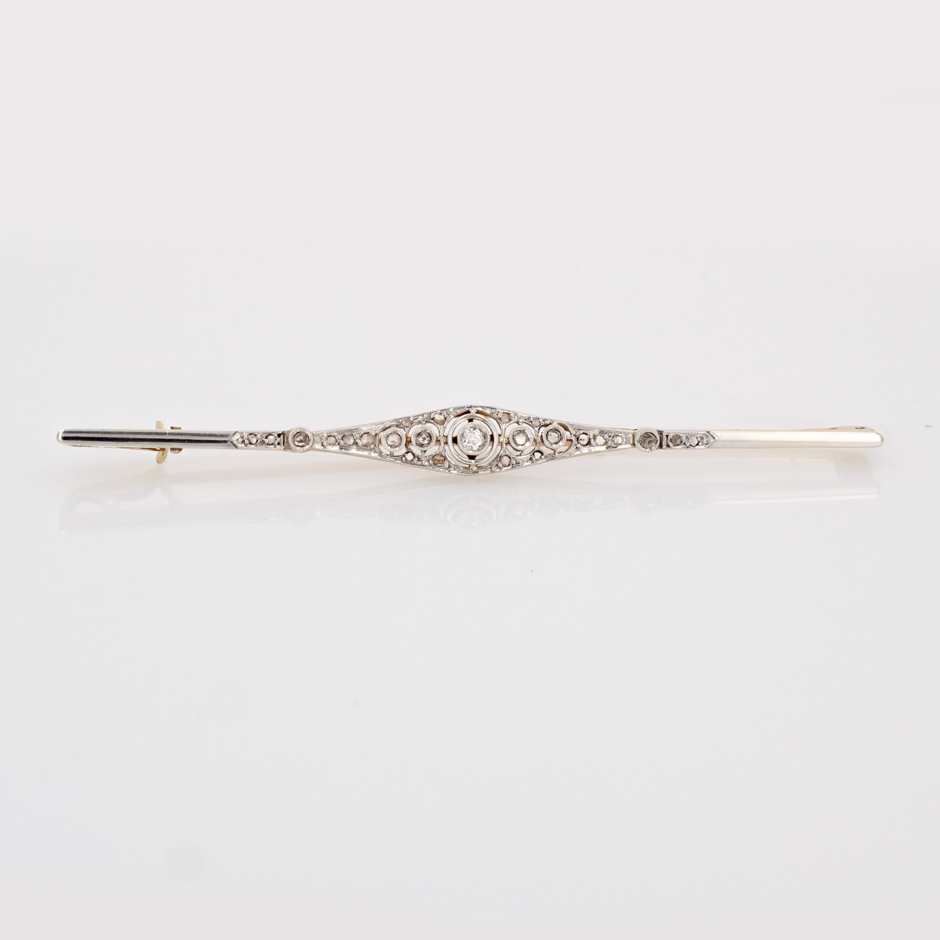 French 1920s Diamonds 18 Karat Yellow Gold Platinum Bar Brooch For Sale 6