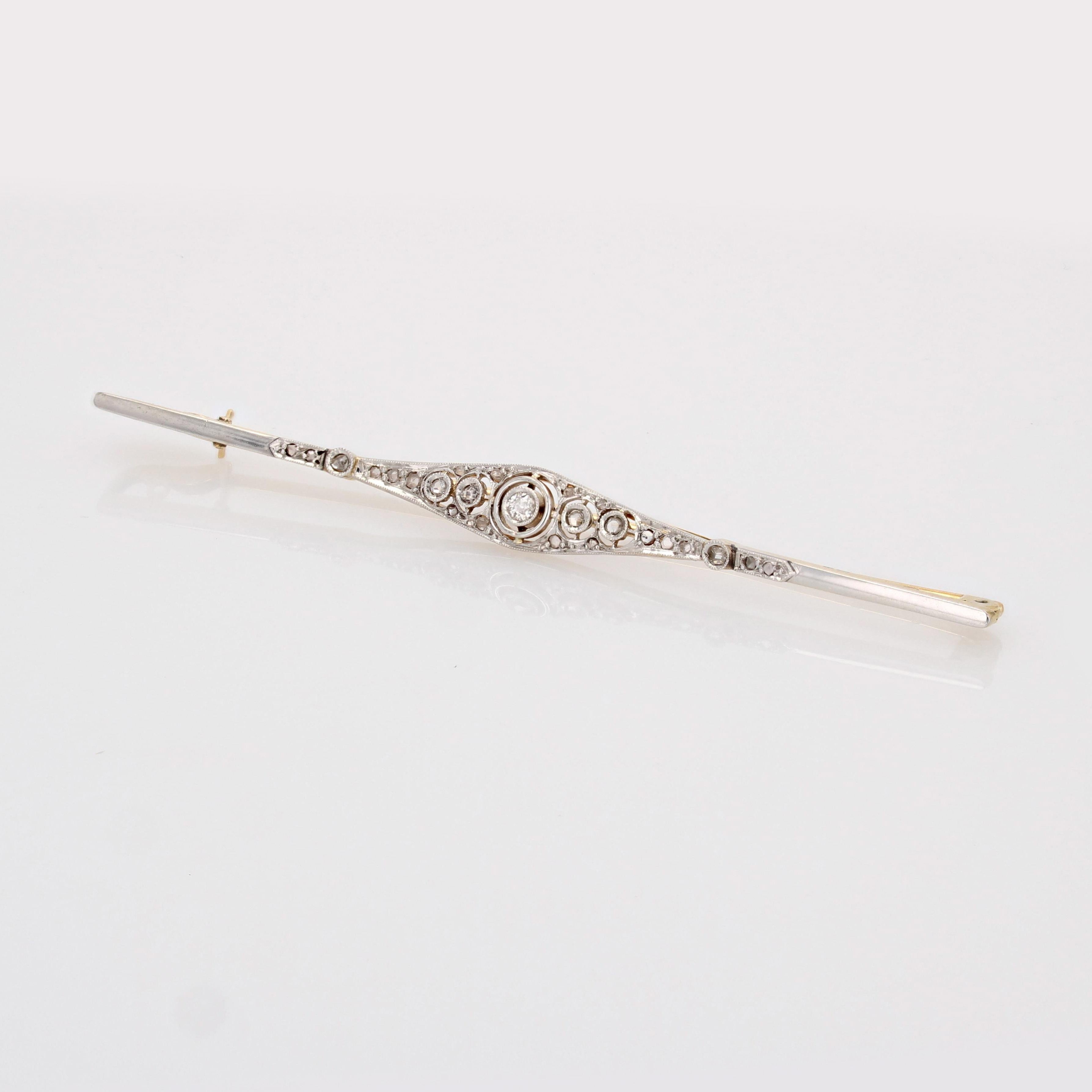 Rose Cut French 1920s Diamonds 18 Karat Yellow Gold Platinum Bar Brooch For Sale