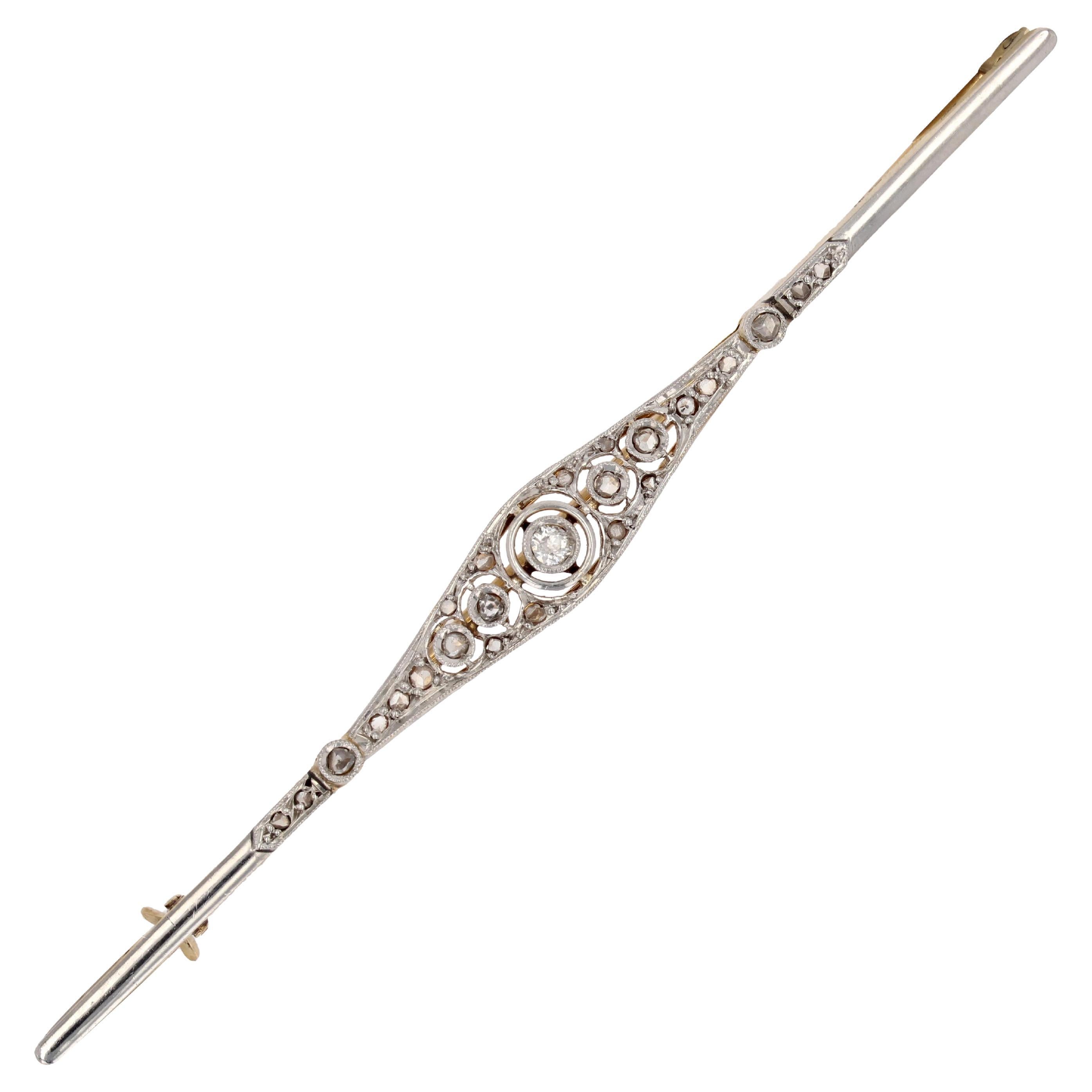 French 1920s Diamonds 18 Karat Yellow Gold Platinum Bar Brooch