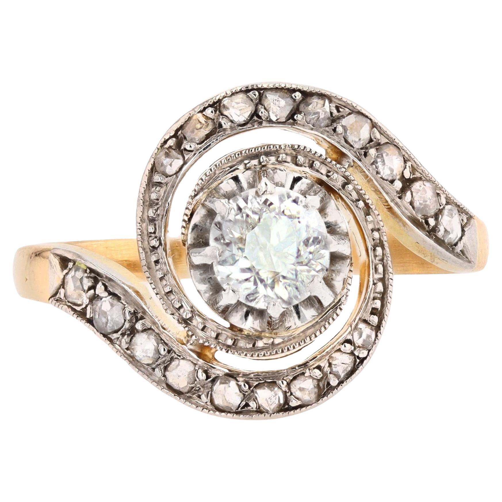 French 1920s Diamonds 18 Karat Yellow Gold Platinum Swirl Ring