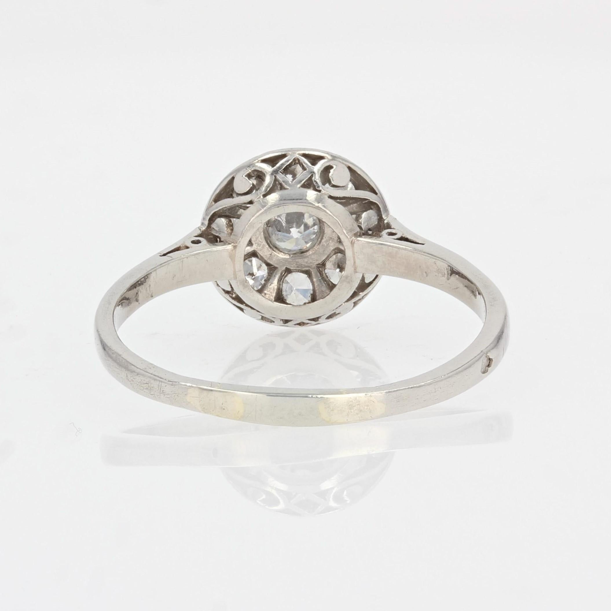 French 1920s Diamonds Platinum Round Shape Engagement Ring For Sale 7