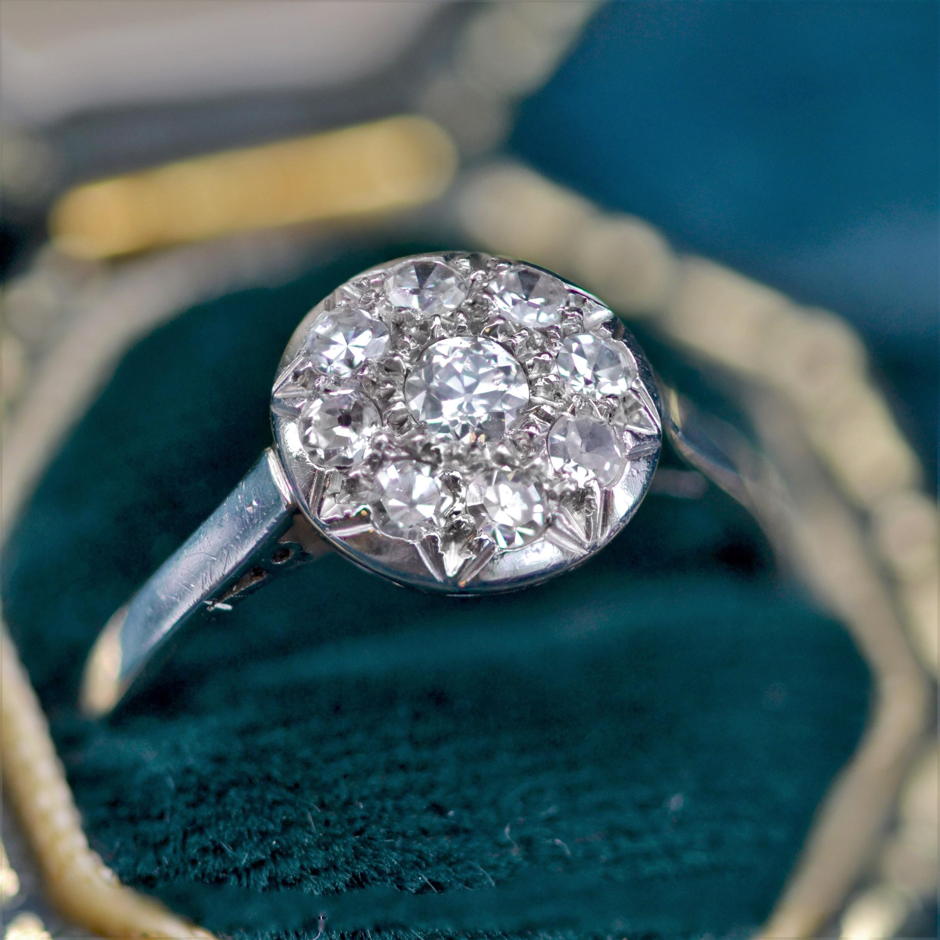 French 1920s Diamonds Platinum Round Shape Engagement Ring For Sale 2