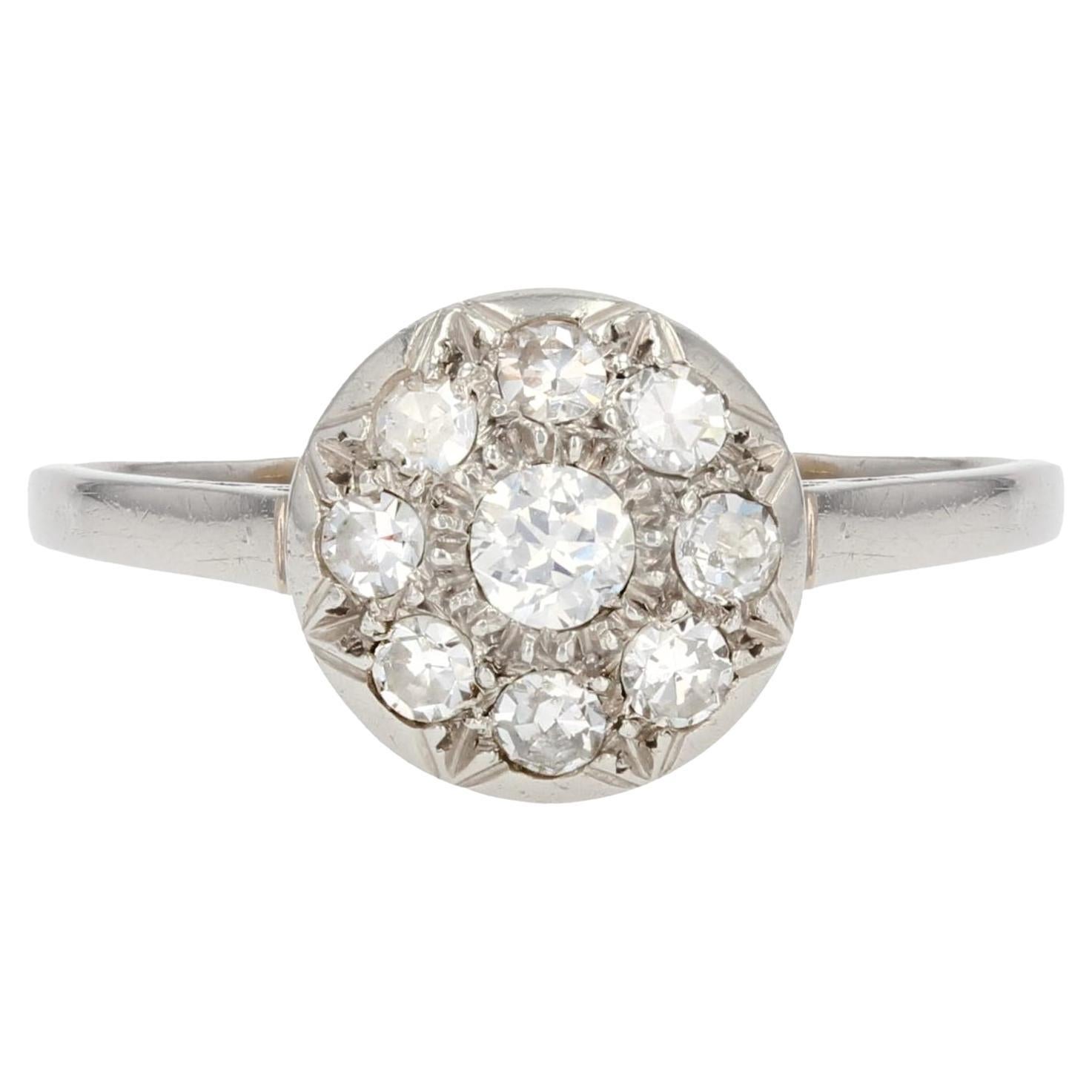 French 1920s Diamonds Platinum Round Shape Engagement Ring For Sale