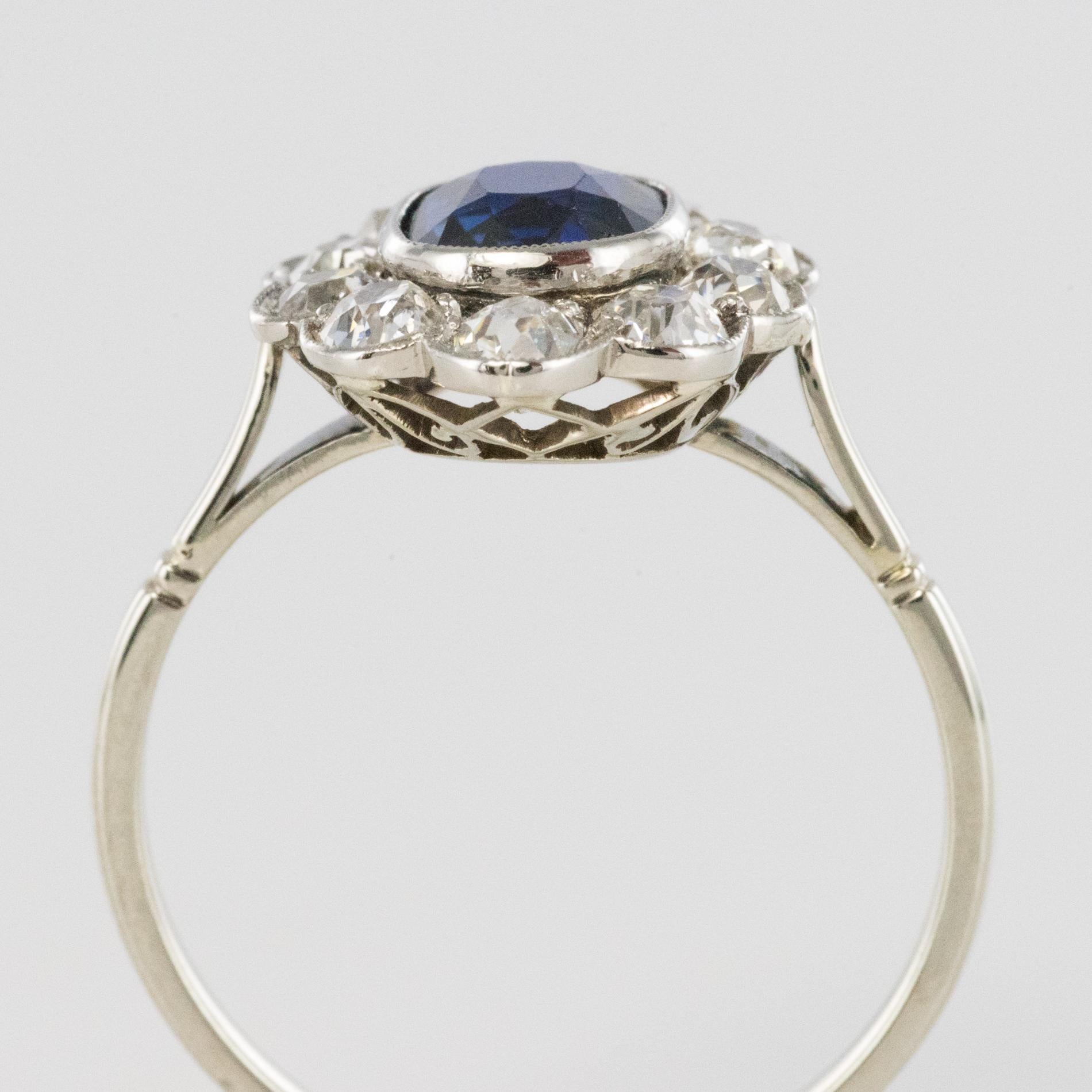 French 1920s Diamonds Sapphire Platinum Art Deco Daisy Ring 2