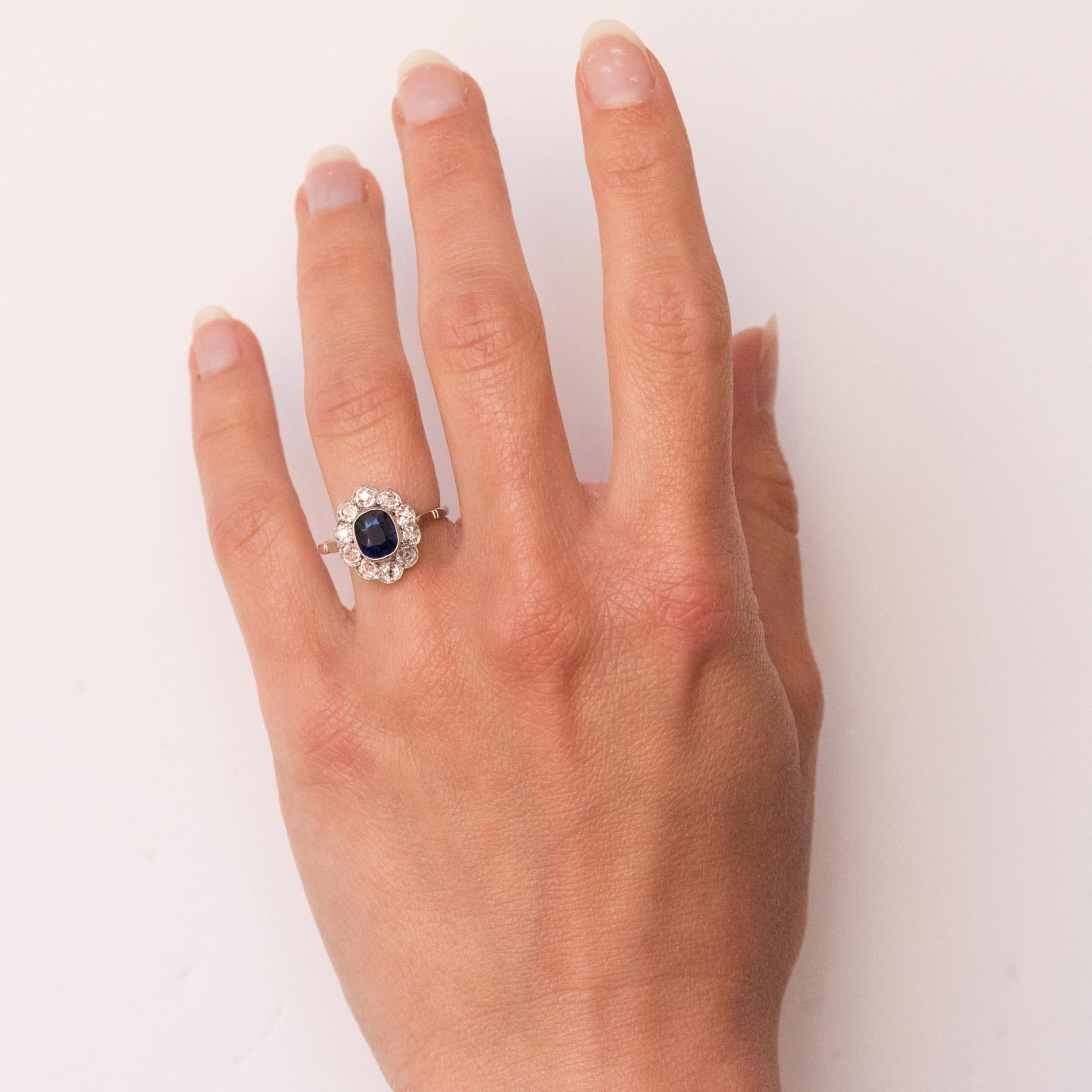 French 1920s Diamonds Sapphire Platinum Art Deco Daisy Ring 3