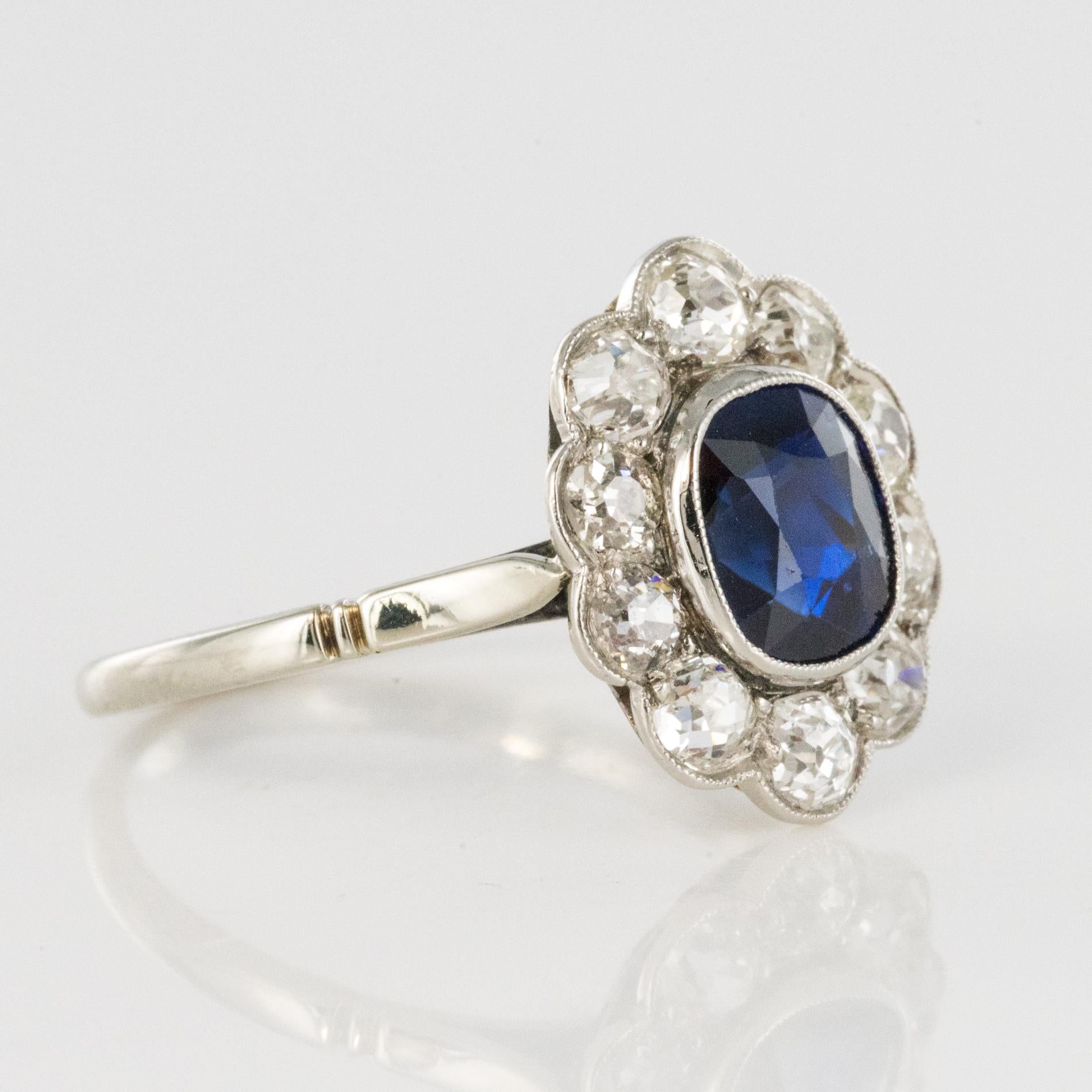 French 1920s Diamonds Sapphire Platinum Art Deco Daisy Ring 7