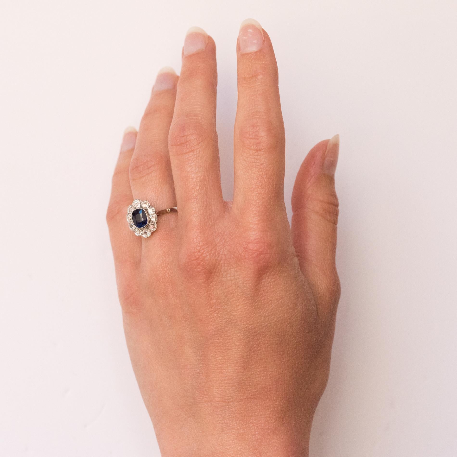 French 1920s Diamonds Sapphire Platinum Art Deco Daisy Ring 9
