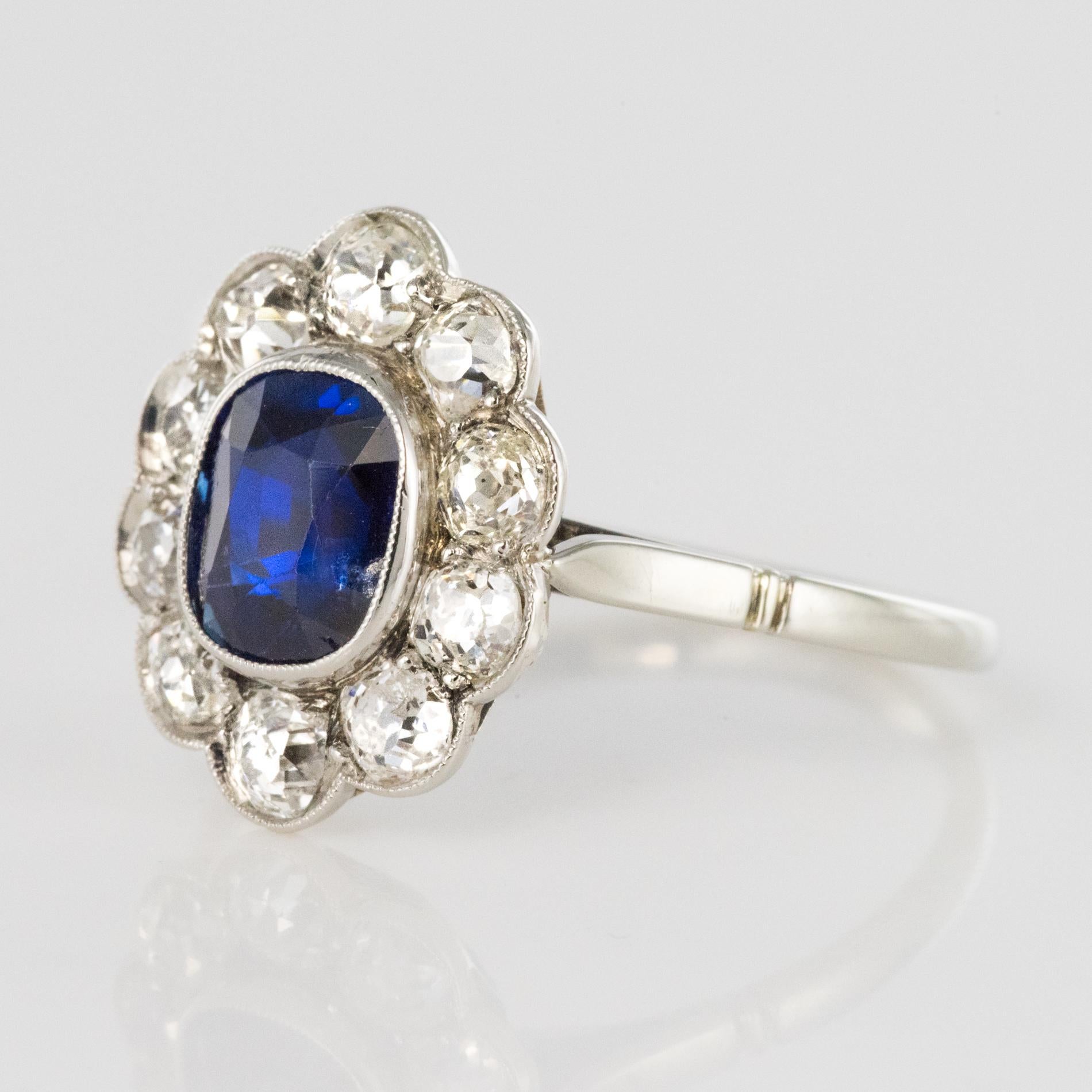 Cushion Cut French 1920s Diamonds Sapphire Platinum Art Deco Daisy Ring