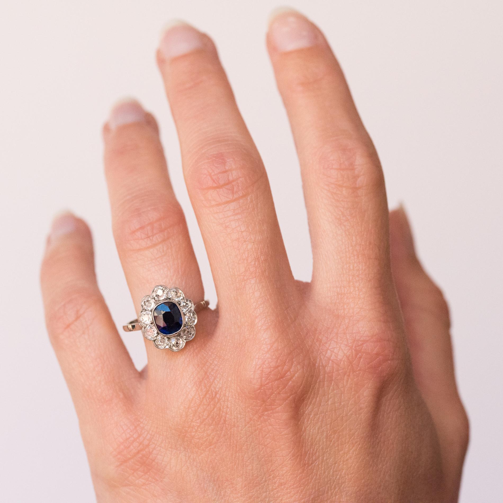 Women's French 1920s Diamonds Sapphire Platinum Art Deco Daisy Ring