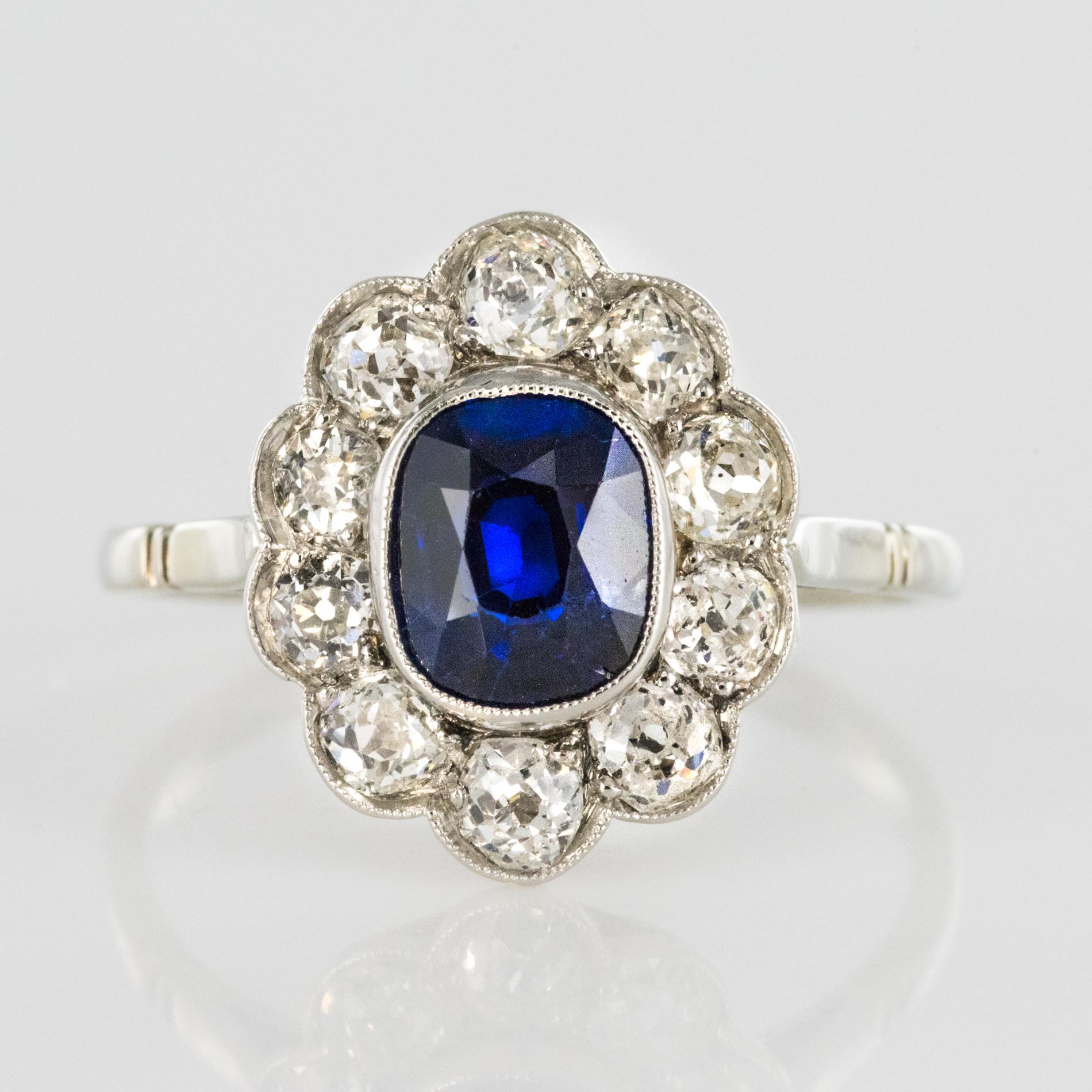 French 1920s Diamonds Sapphire Platinum Art Deco Daisy Ring 1