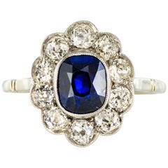 Antique French 1920s Diamonds Sapphire Platinum Art Deco Daisy Ring