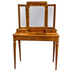 Antique French 1920s Dressing Table with Burr Walnut Banding and Bevelled Mirrors