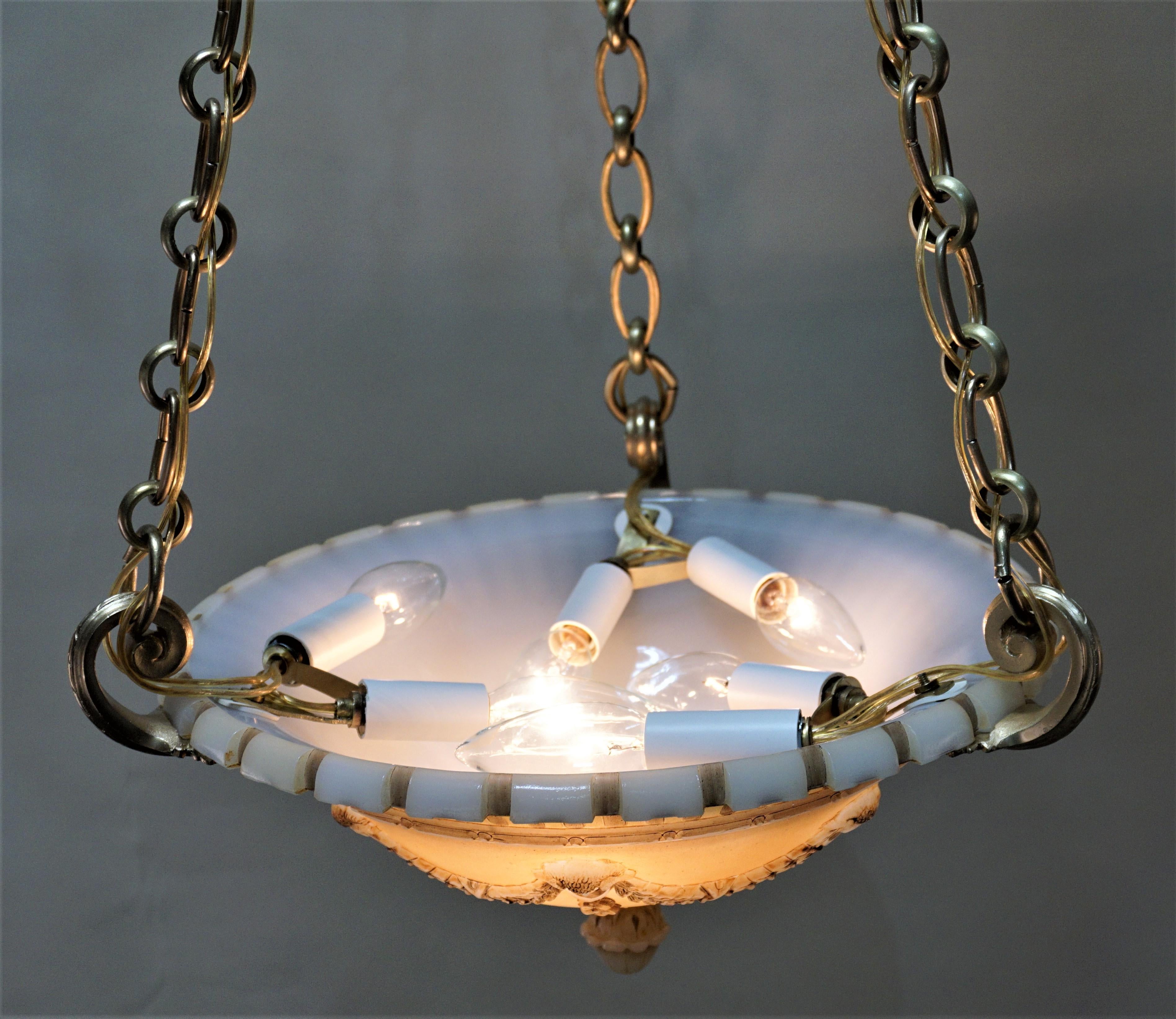 French 1920s Empire Style Glass and Bronze Chandelier 4