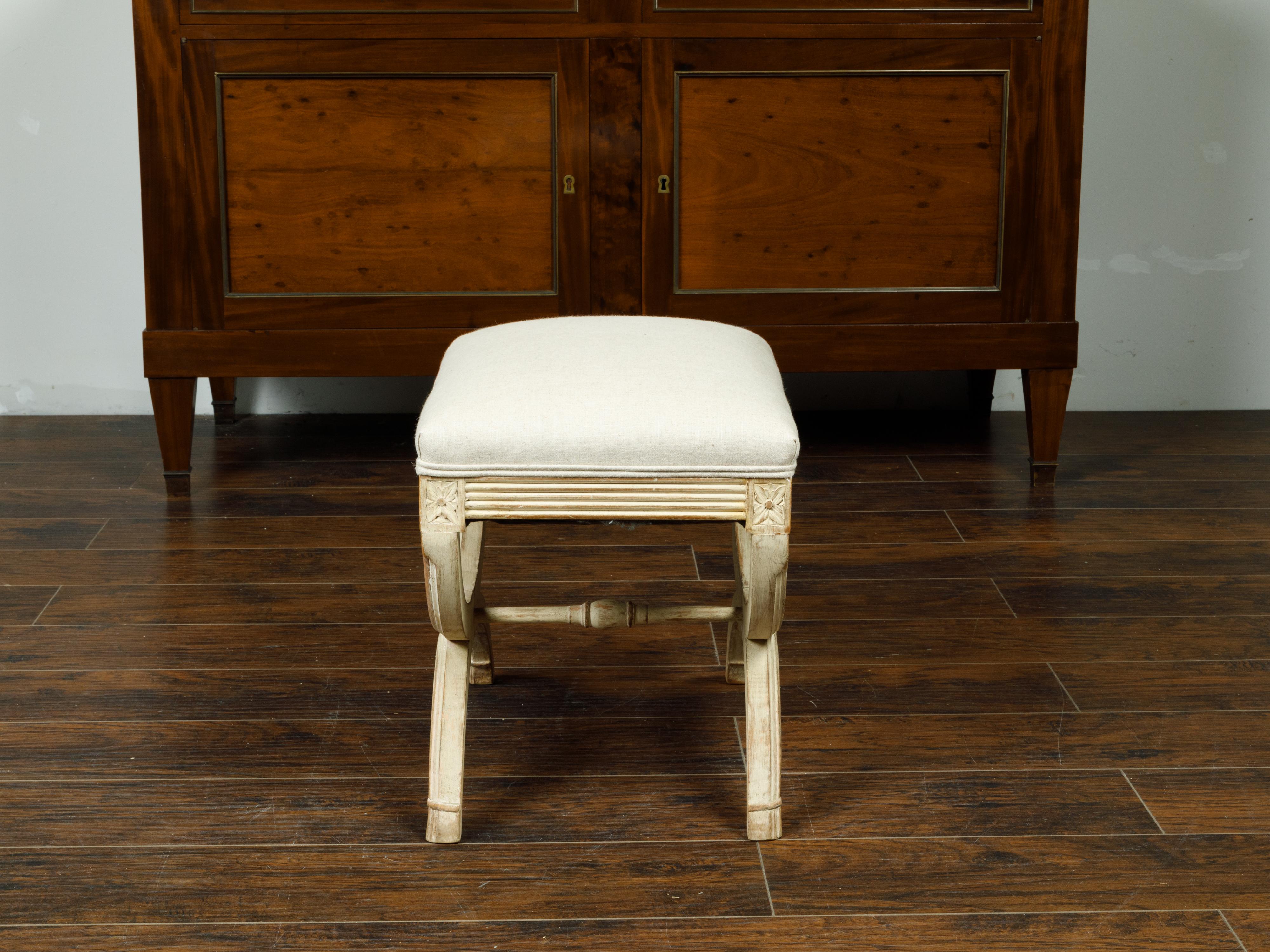 Upholstery French 1920s Empire Style Painted Upholstered Curule Stool with Carved Rosettes