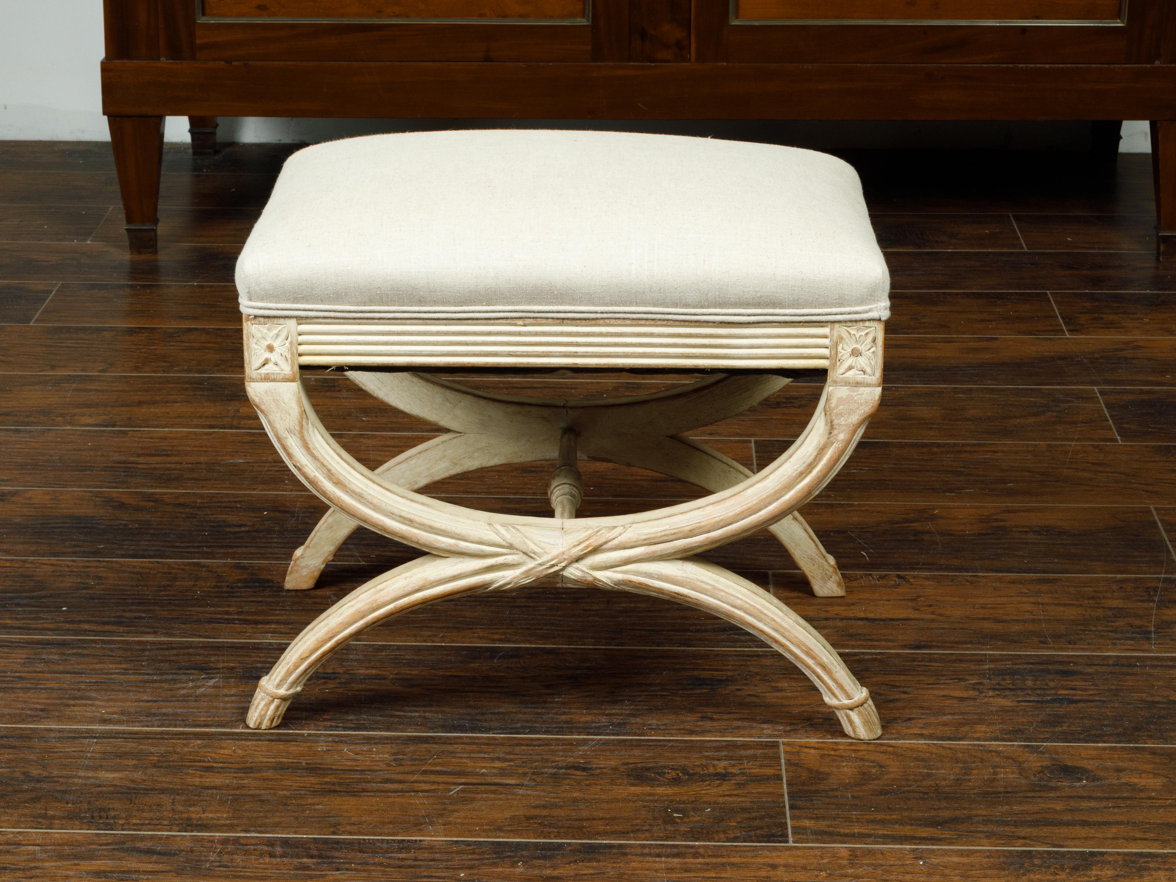 French 1920s Empire Style Painted Upholstered Curule Stool with Carved Rosettes 1