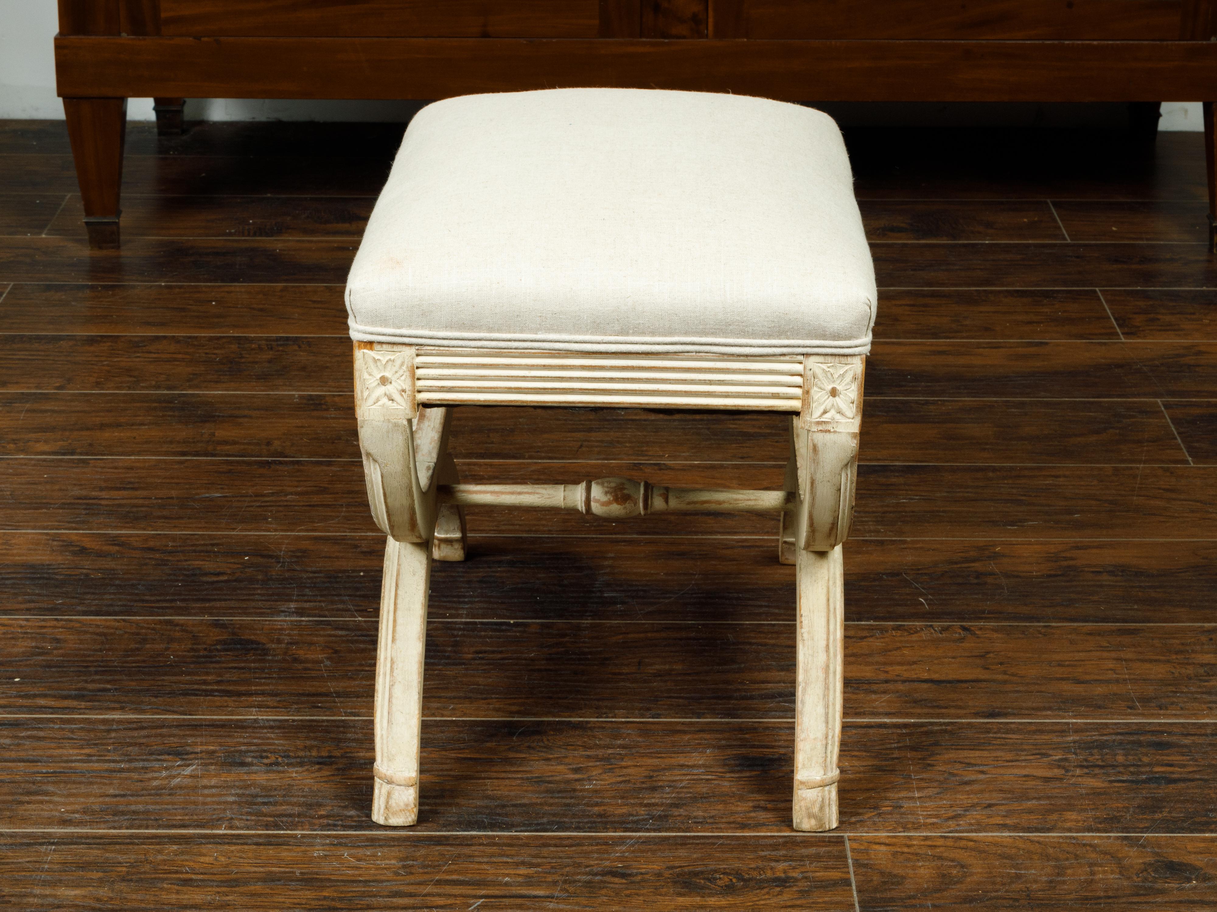 French 1920s Empire Style Painted Upholstered Curule Stool with Carved Rosettes 2