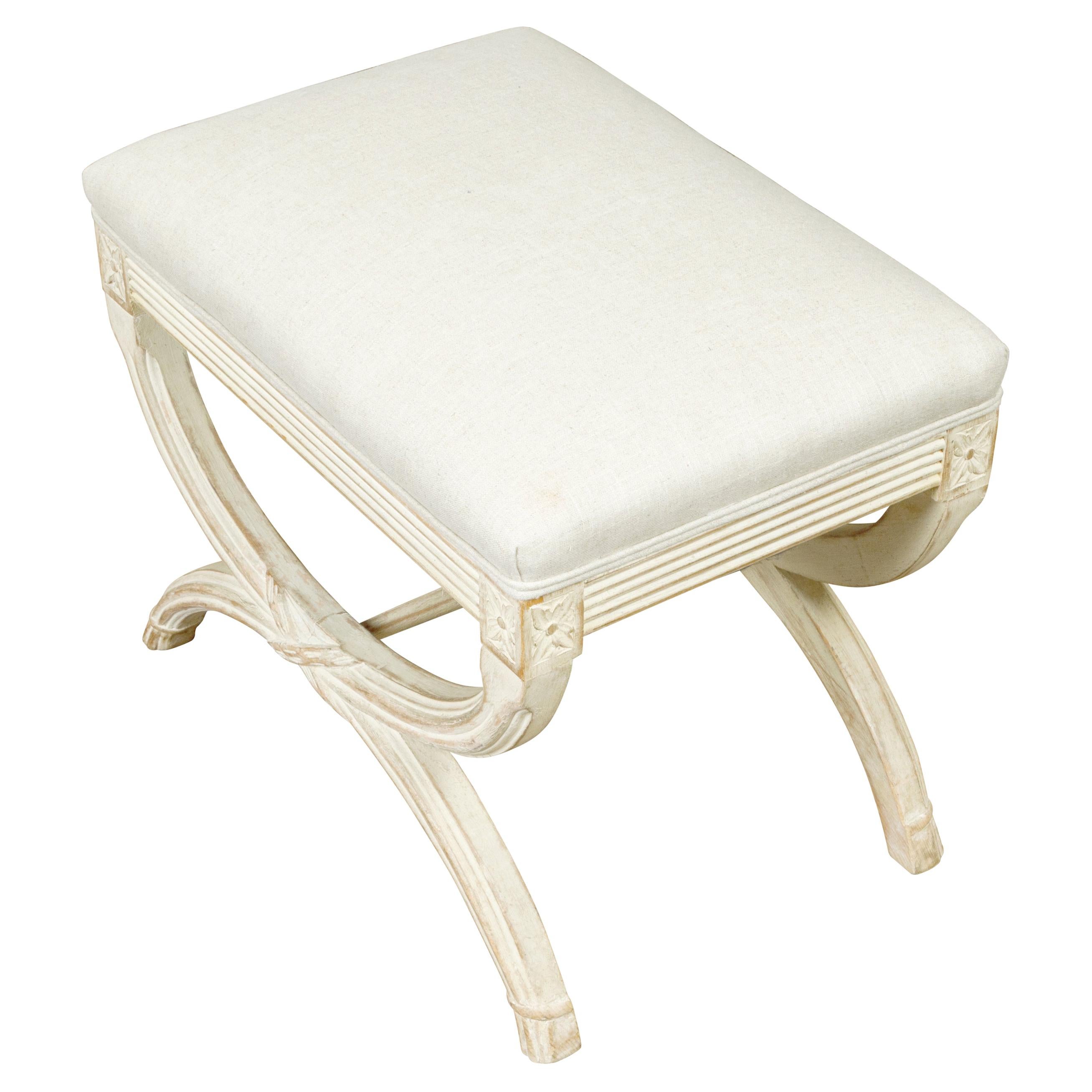 French 1920s Empire Style Painted Upholstered Curule Stool with Carved Rosettes