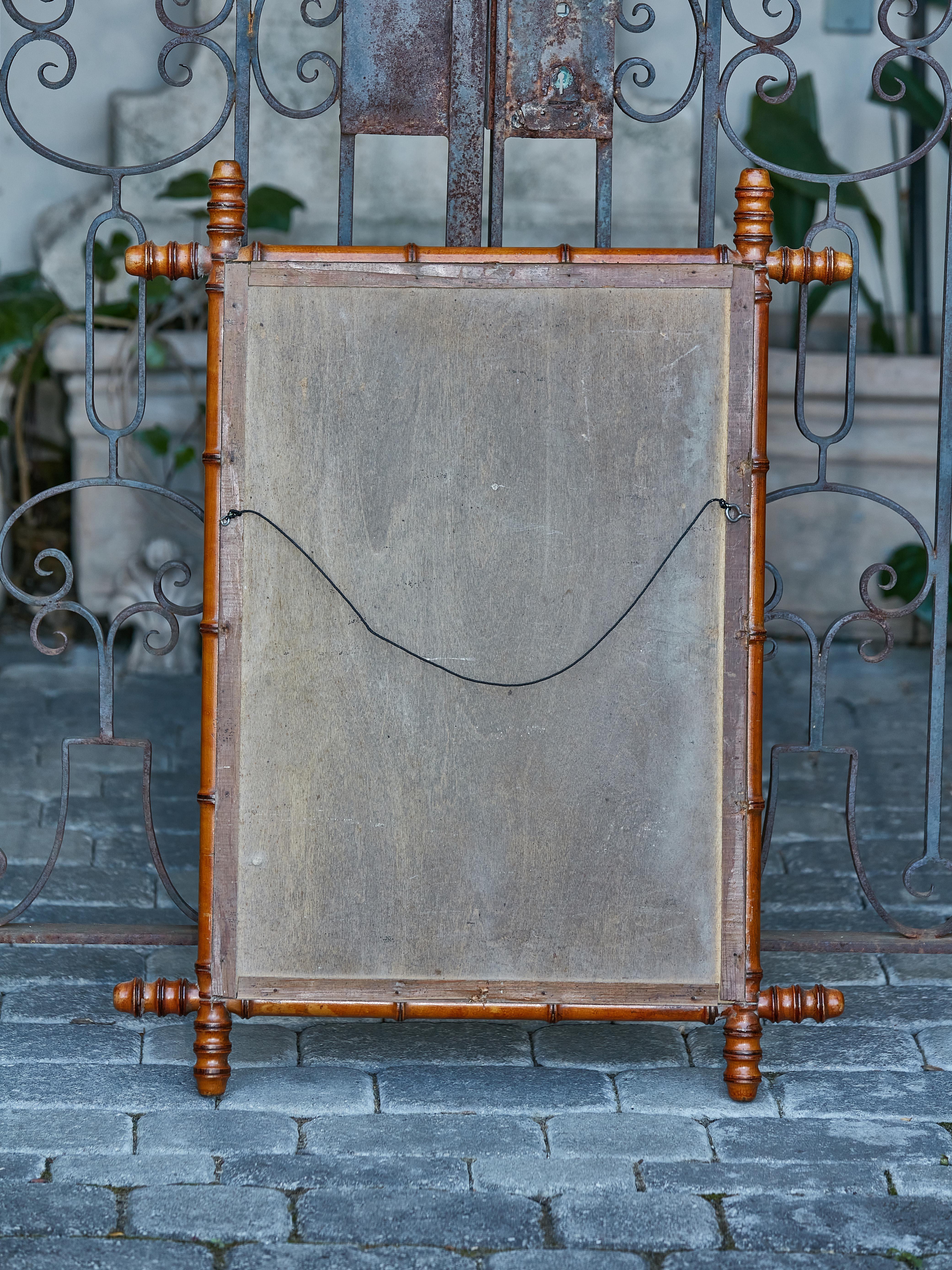 Turned French 1920s Faux Bamboo Walnut Mirror with Protruding Corners and Brown Patina