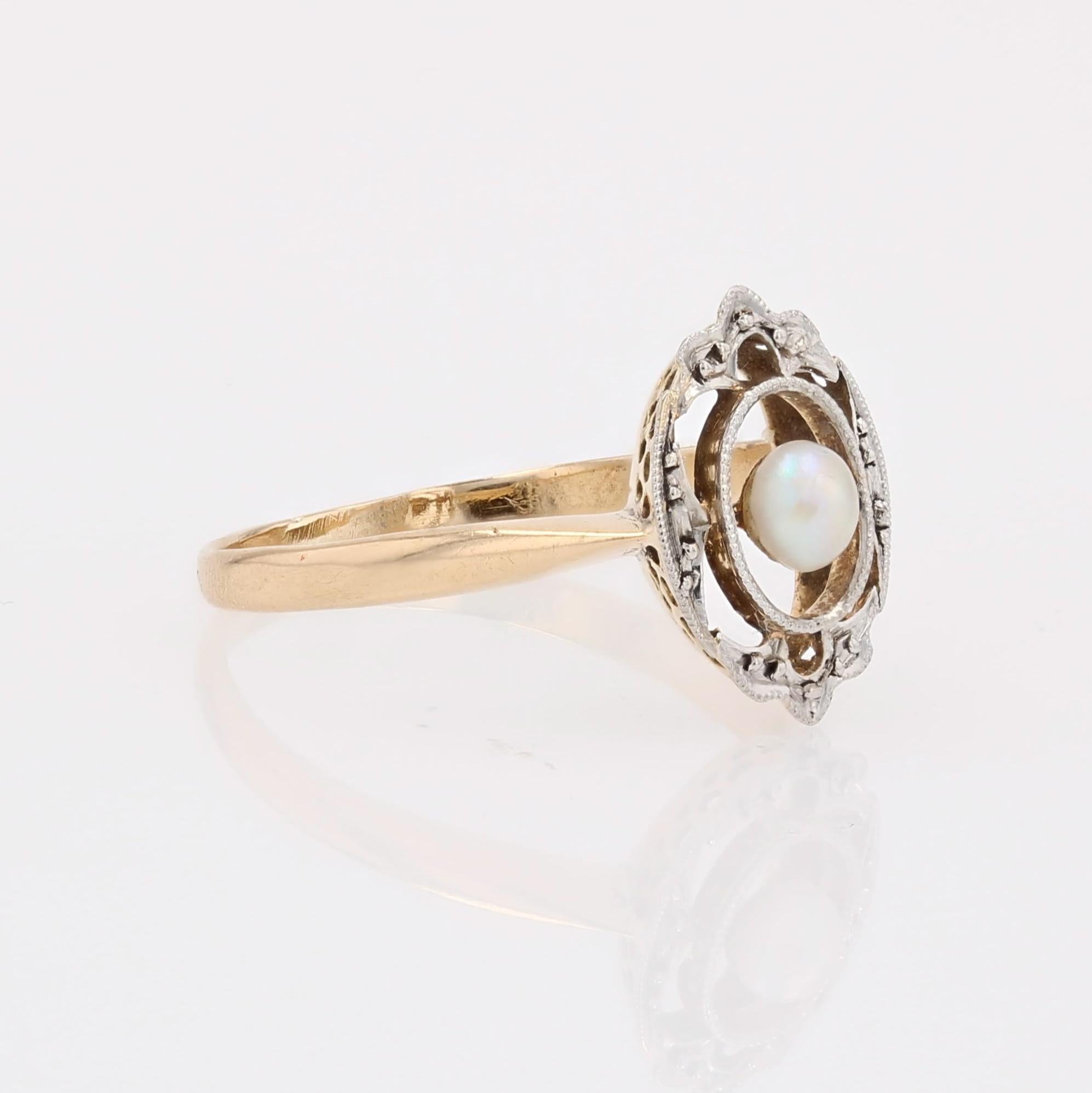 Anillo ovalado francés de oro amarillo de 18 quilates con perlas finas de los años 20 en Bueno estado para la venta en Poitiers, FR