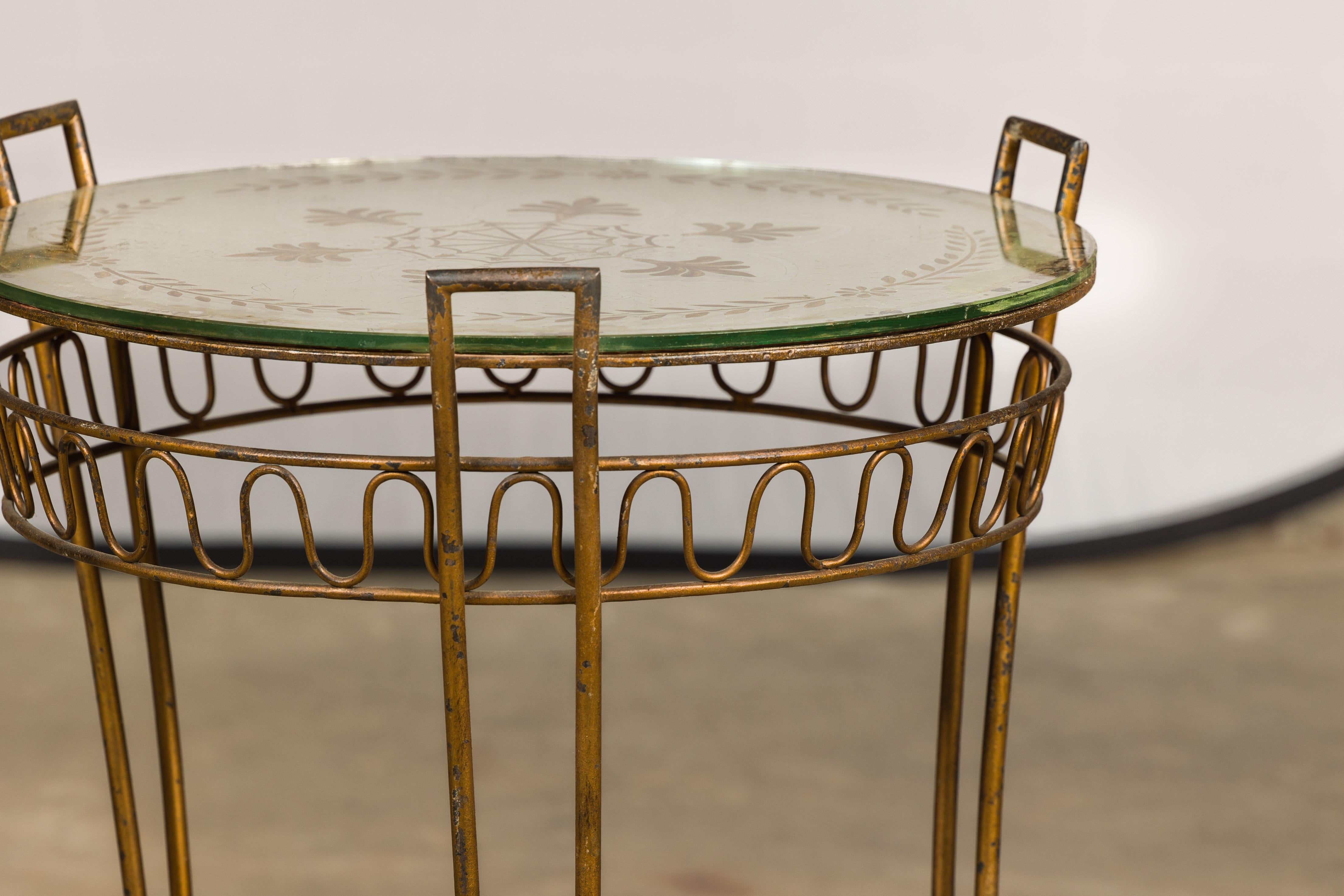 French 1920s Gilt Iron Side Table with Etched Foliage Mirrored Top and Low Shelf For Sale 6